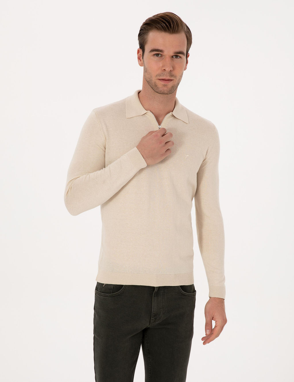 Bej Regular Fit Pamuk Kar___ml_ Fermuarl_ Polo Yaka Basic Triko Kazak