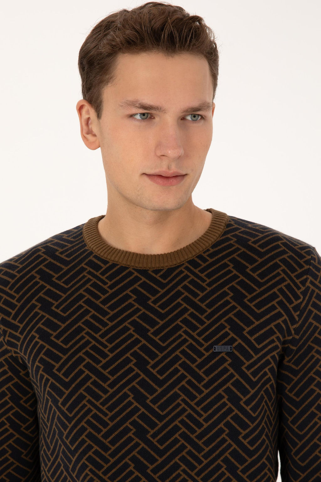 Erkek Slim Fit Bisiklet Yaka Haki Kazak
