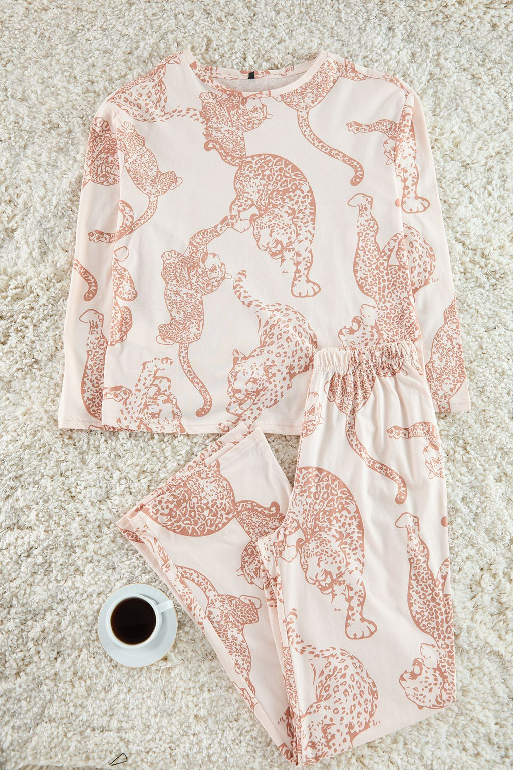 Trendyolmilla Pudra %100 Pamuklu Kaplan Desenli Orme Pijama Tak?m? THMAW25PT00140