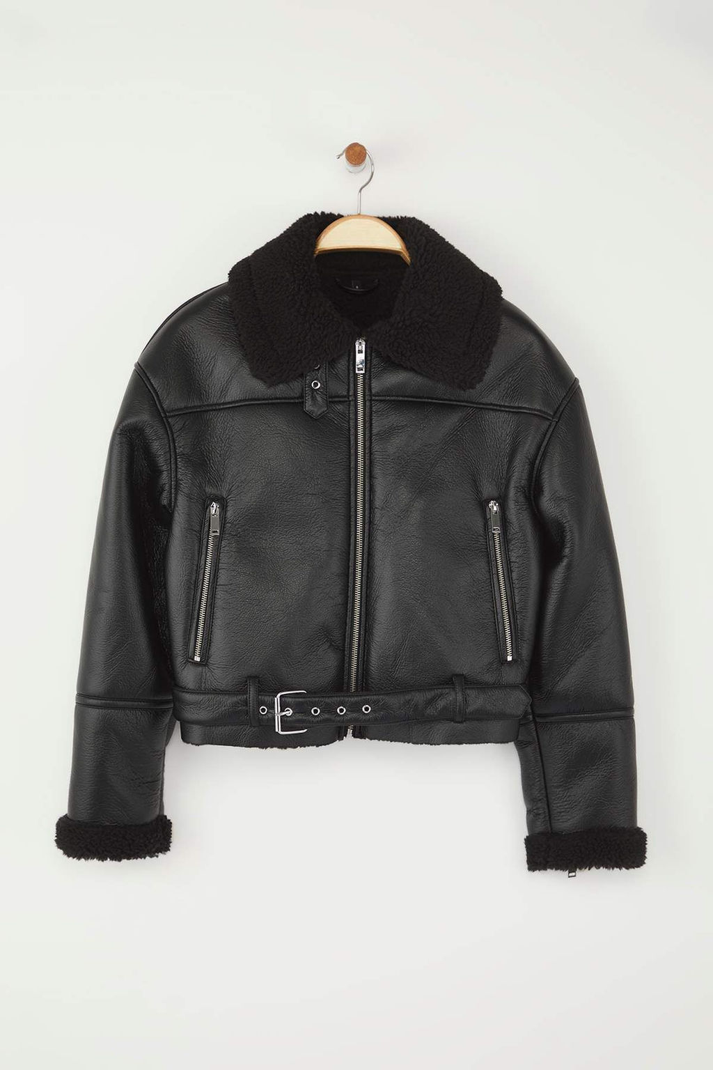 Siyah Regular Kal?p Pelus Detayl? Suni Deri Biker Ceket Mont TWOAW24MO00279