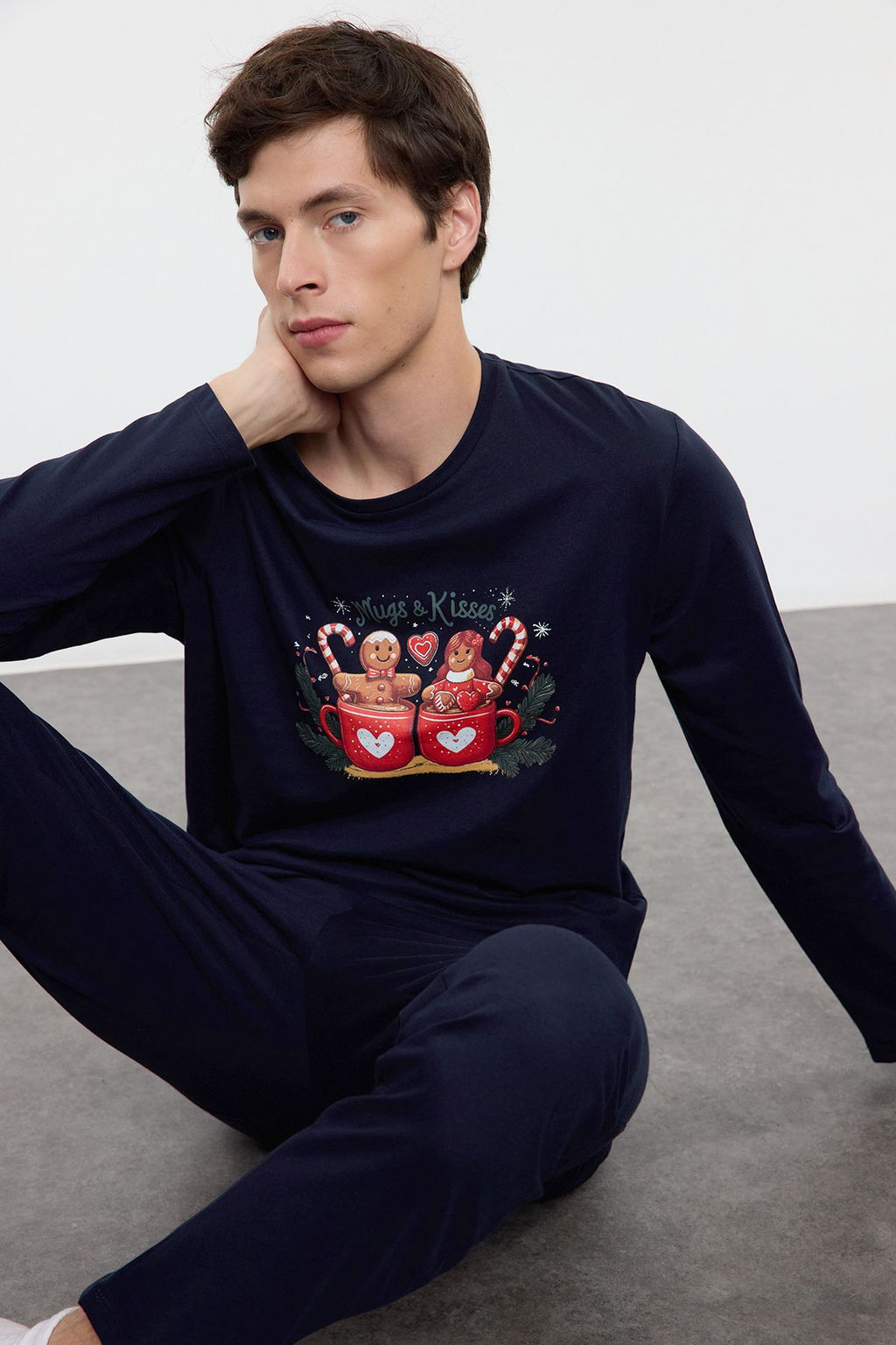 TRENDYOL MAN Lacivert Bask?l? Orme Couple/Cift Pijama Tak?m? TMNAW25PT00046 - Trendyolmilla фото 3