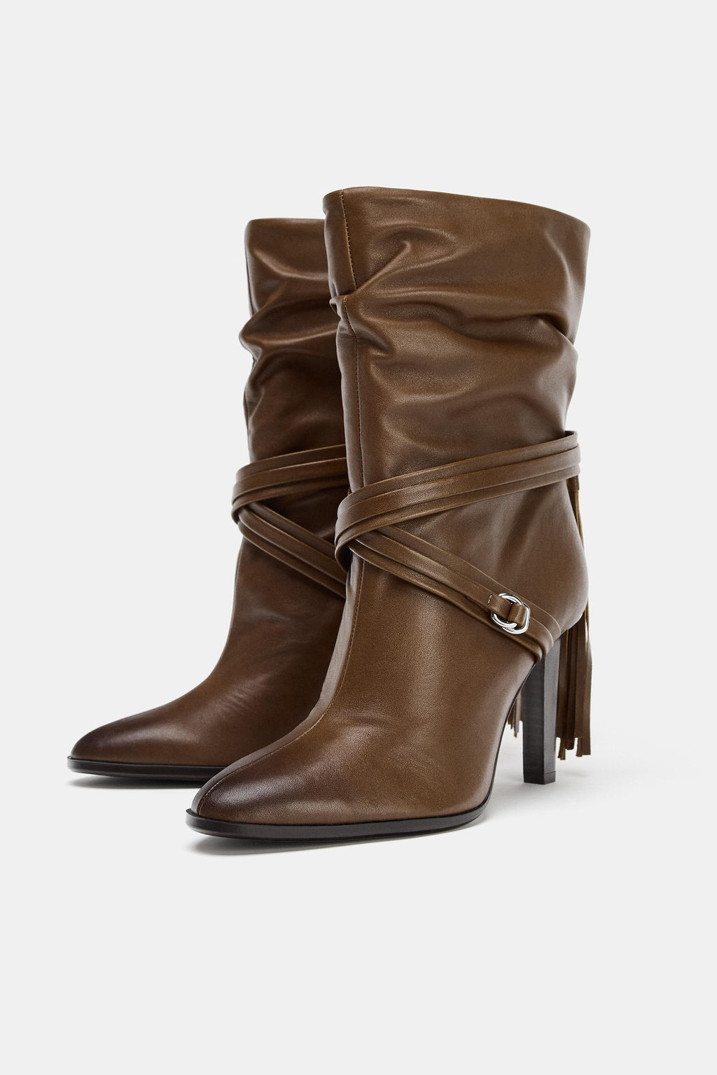 LEATHER ANKLE BOOTS WITH FRINGING - Zara фото 3