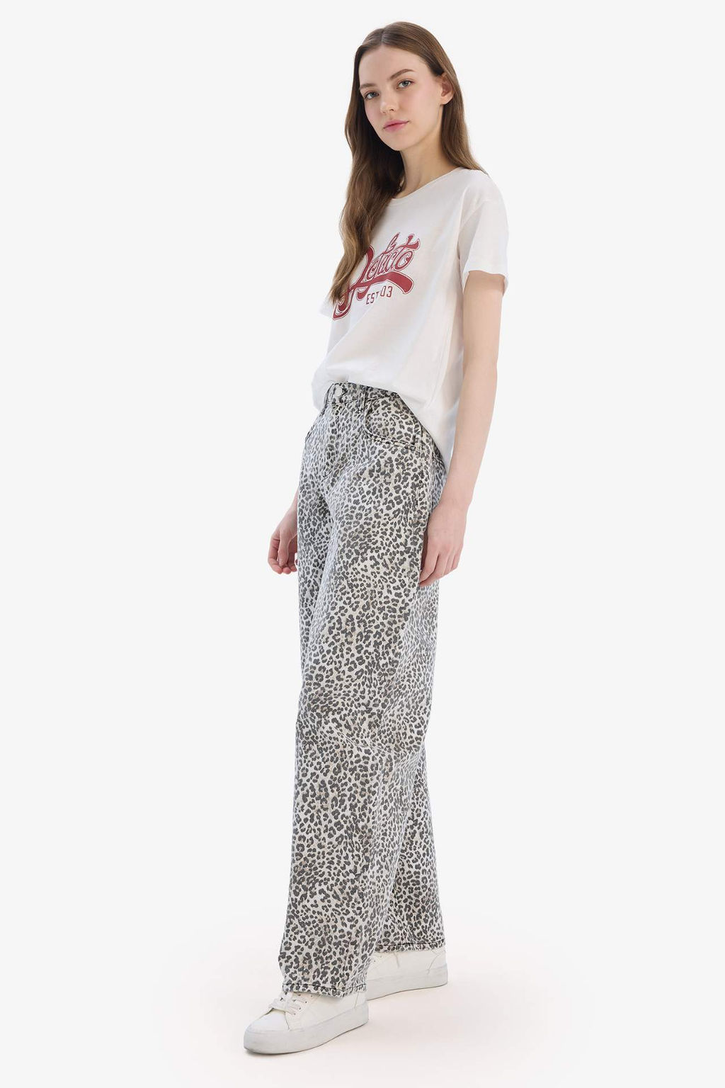 Baggy Fit Leopar Desenli Yuksek Bel Standart Boy Gabardin K?sl?k Pantolon - Defacto фото 2