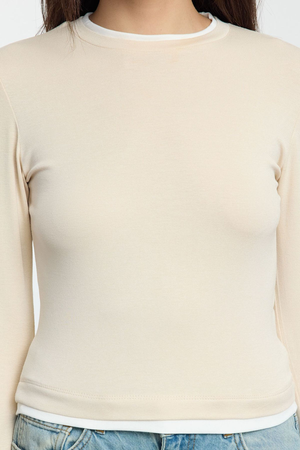 Tas Renk Bloklu Fitted/Vucuda Oturan Viskon/Yumusak Kumasl? Esnek Orme Bluz TWOAW25BZ00114