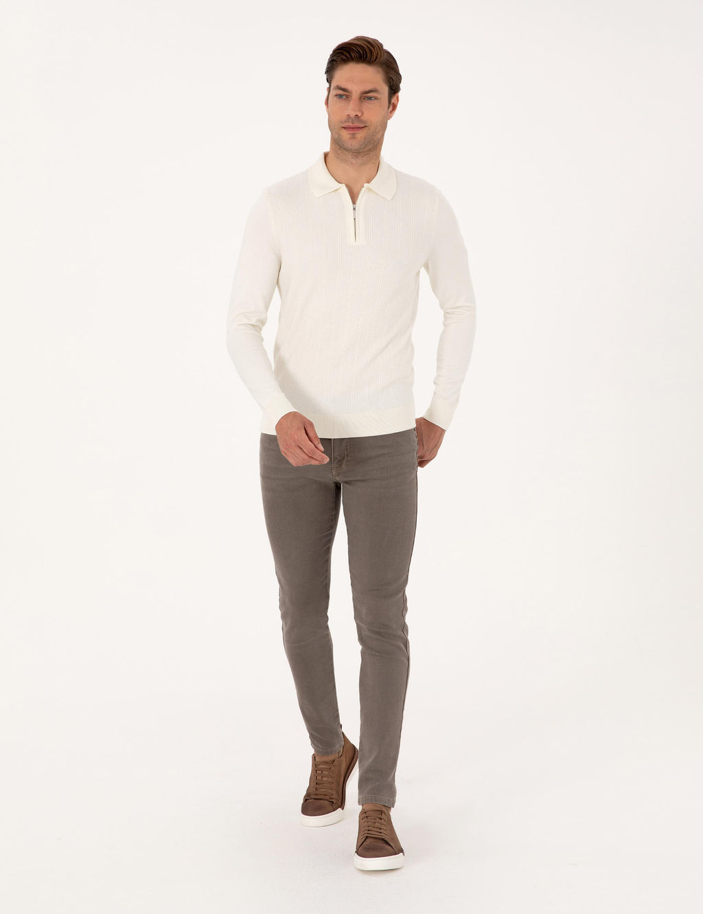 Ekru Regular Fit Polo Yaka Fermuarl_ Triko Kazak - Pierre cardin фото 4