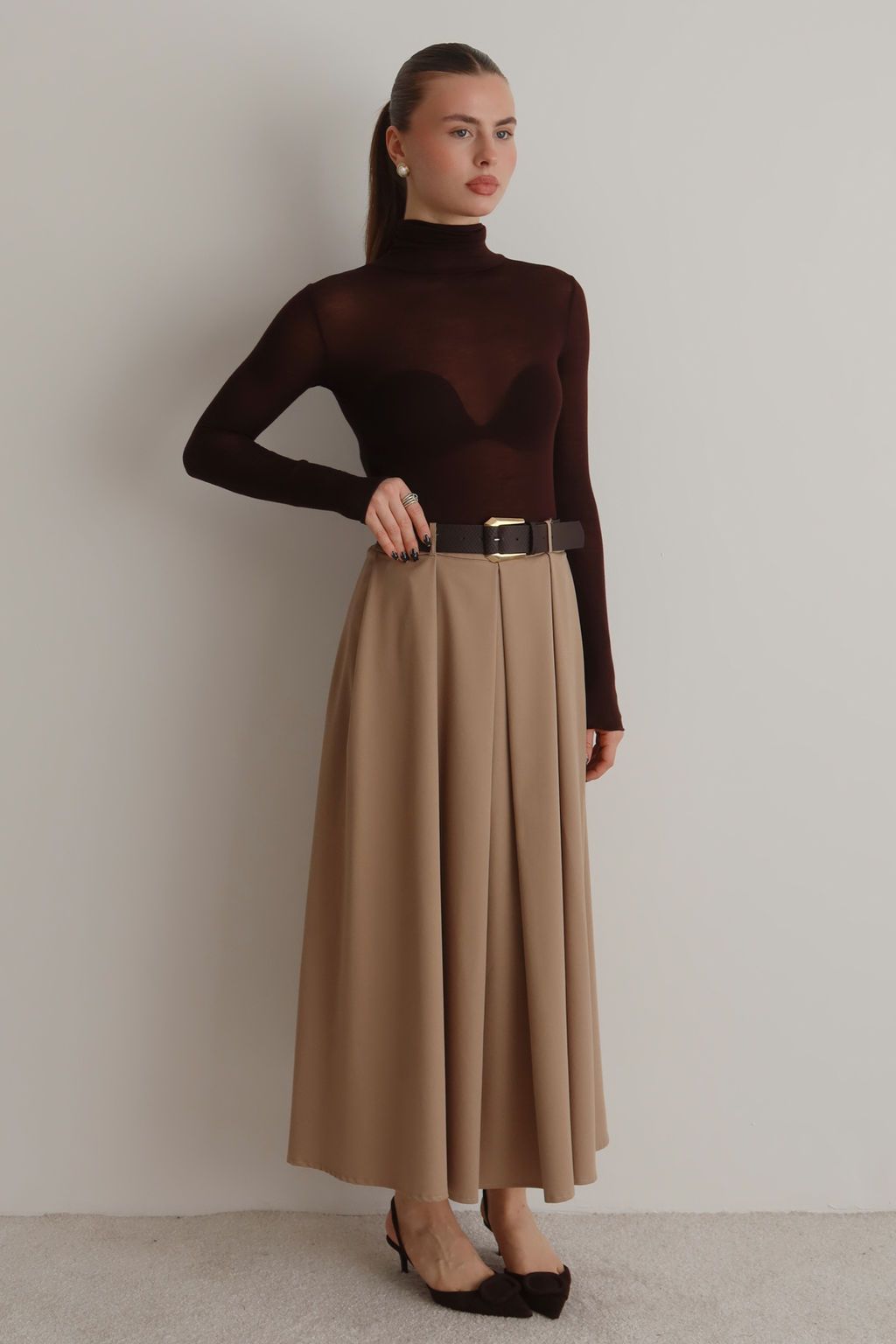 Bej Kemerli A-line Klos Dokuma Maxi Uzun Etek TWOAW26ET00168