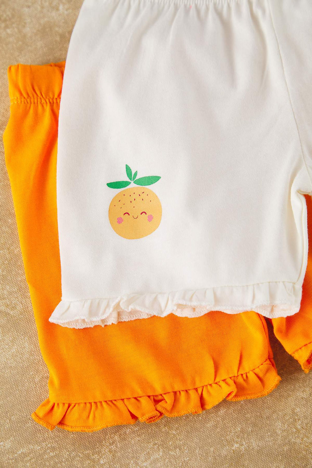 Turuncu 2li K?z Bebek %100 Pamuk Portakal Bask?l? Orme Sort & Bermuda TKDSS25SR00034