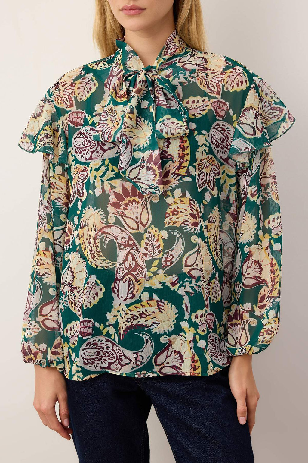 Yesil-Cok Renkli Sifon Sal Desenli Fular Yaka Dokuma Bluz TWOAW26BZ00277 - Trendyolmilla фото 3