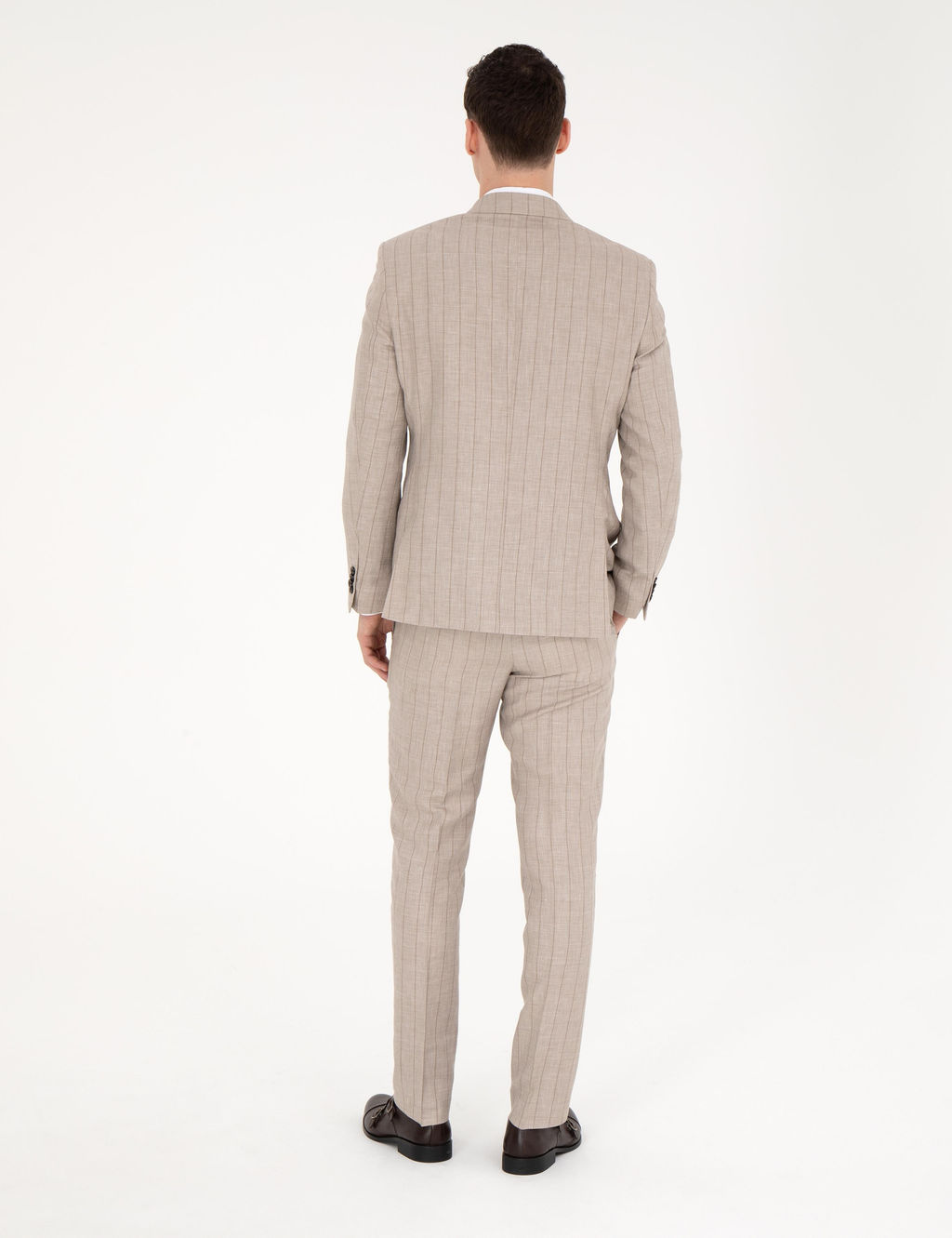 Bej Slim Fit Y_n Keten Kar___ml_ _izgili Tak_m Elbise