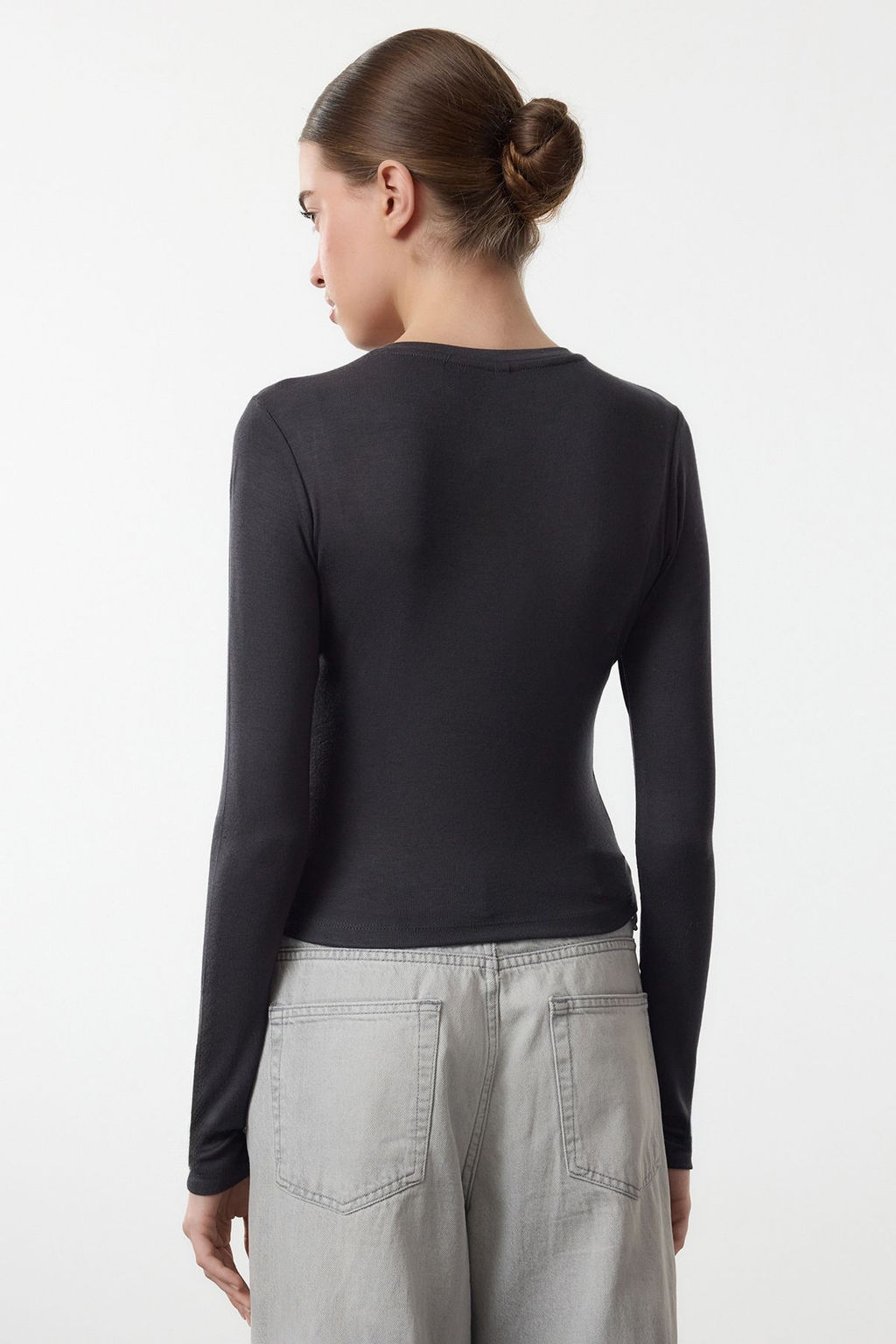 Antrasit Premium Viskon Bisiklet Yaka Crop Esnek Orme Bluz TWOAW24BZ00116