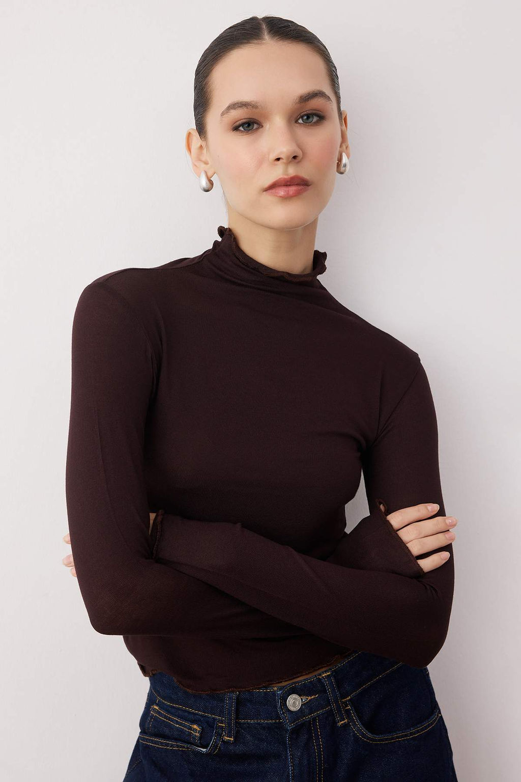 Kahverengi Transparan Dik Yaka Esnek Normal Boy Orme Bluz TWOAW26BZ00266