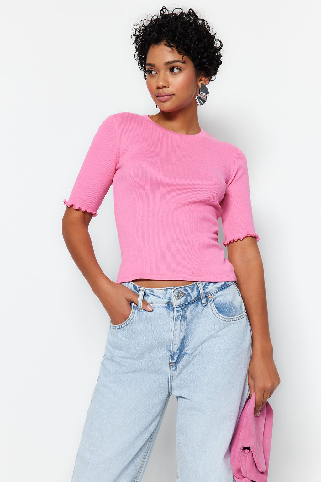 Pembe Fitilli Fitted/Vucuda Oturan Bisiklet Yaka Esnek Orme Bluz TWOSS23BZ00025