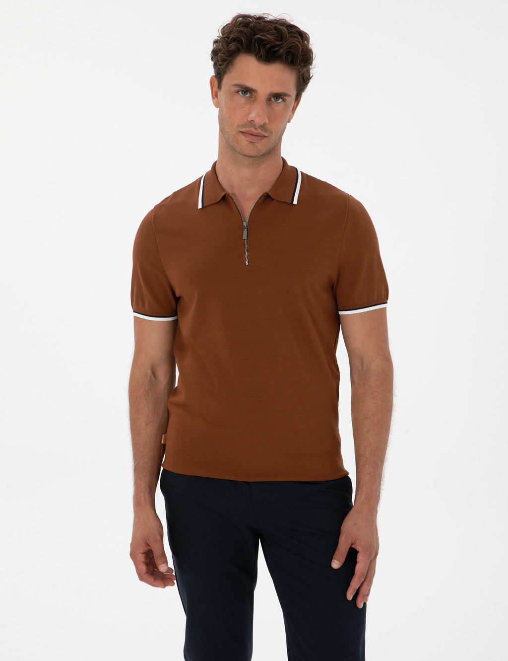 Kahverengi Slim Fit Polo Yaka Fermuarl_ Triko Kazak