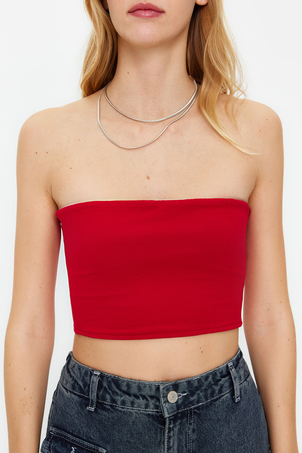 Trendyolmilla Ekru Fitted Straplez Yaka Crop Esnek Orme Bluz TWOSS24BZ00055 фото 12