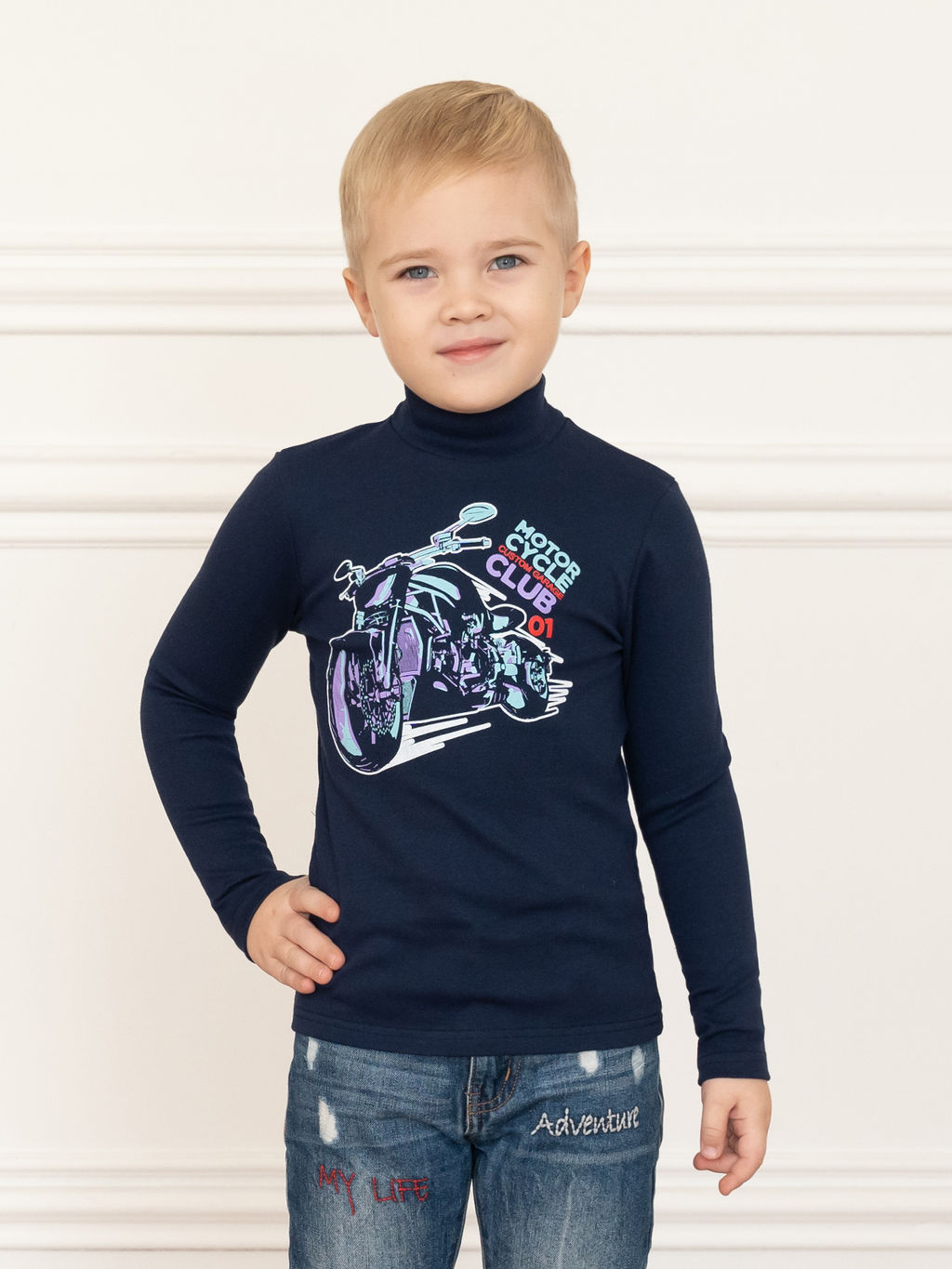Джемпер-водолазка темно-синяя рисунок мотоцикл 645п (128, 64)