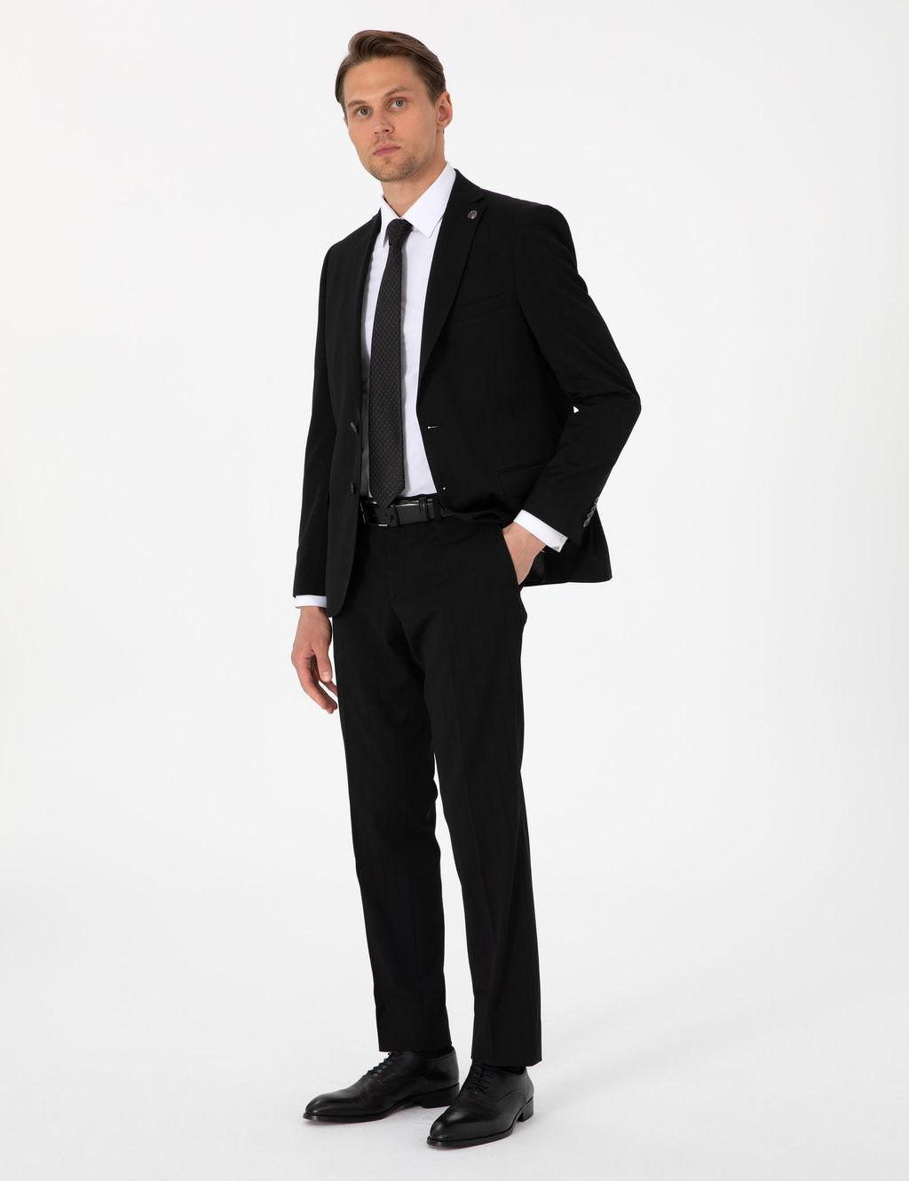 Siyah Slim Fit _izgili Tak_m Elbise
