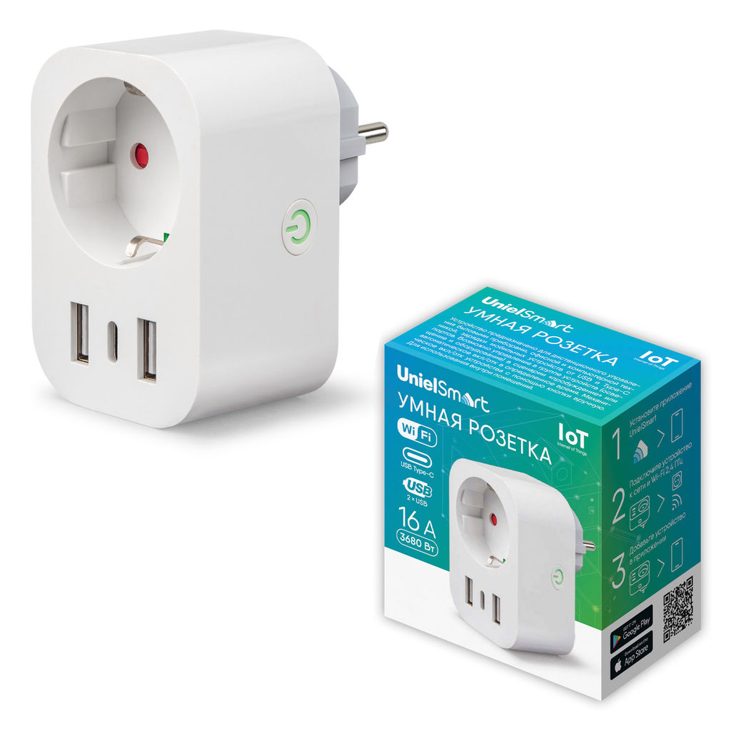 USH-A103 1G/UC/WF WHITE Умная розетка Wi-Fi. 2USB+Type-C (5В, 2,4A). 16A. До 3680Вт. Голосовое управление+приложение UnielSmart. TM Uniel - Volpe фото 13