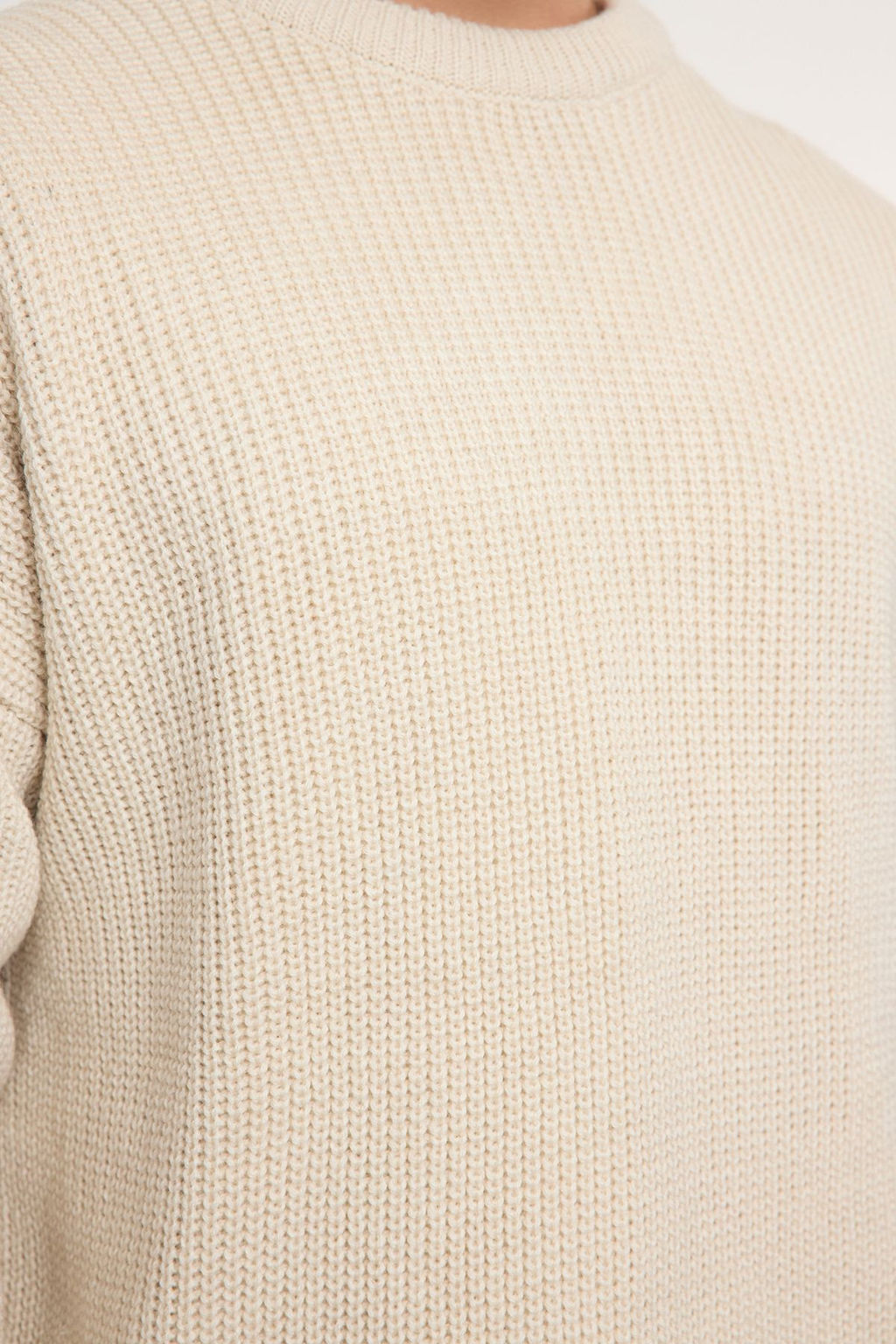 Bej Oversize Fit Couple/Cift Genis Kal?p Bisiklet Yaka Basic Triko Kazak TMNAW23KZ00189