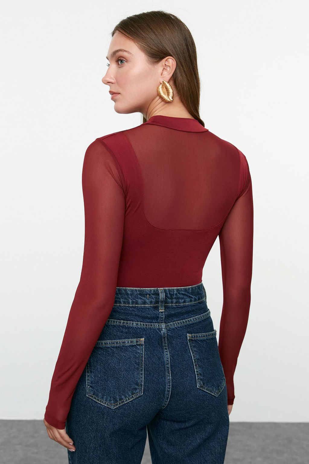 Bordo Fitted/Vucuda Oturan Tul Detayl? Uzun Kollu Dik Yaka Esnek C?tc?tl? Orme Body TWOAW24BD00049