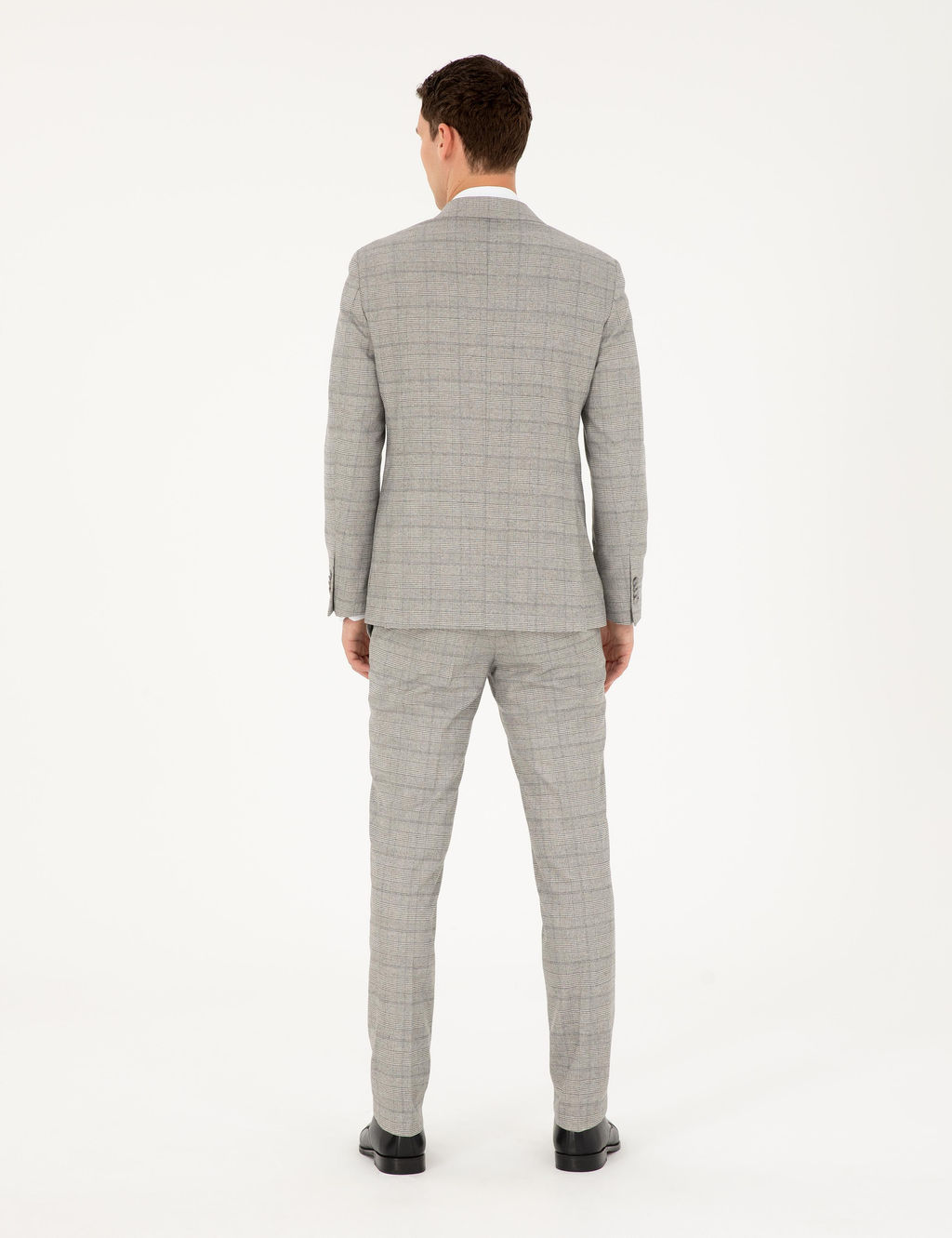 Gri Ex. Slim Fit Ekose Kruvaze Tak_m Elbise