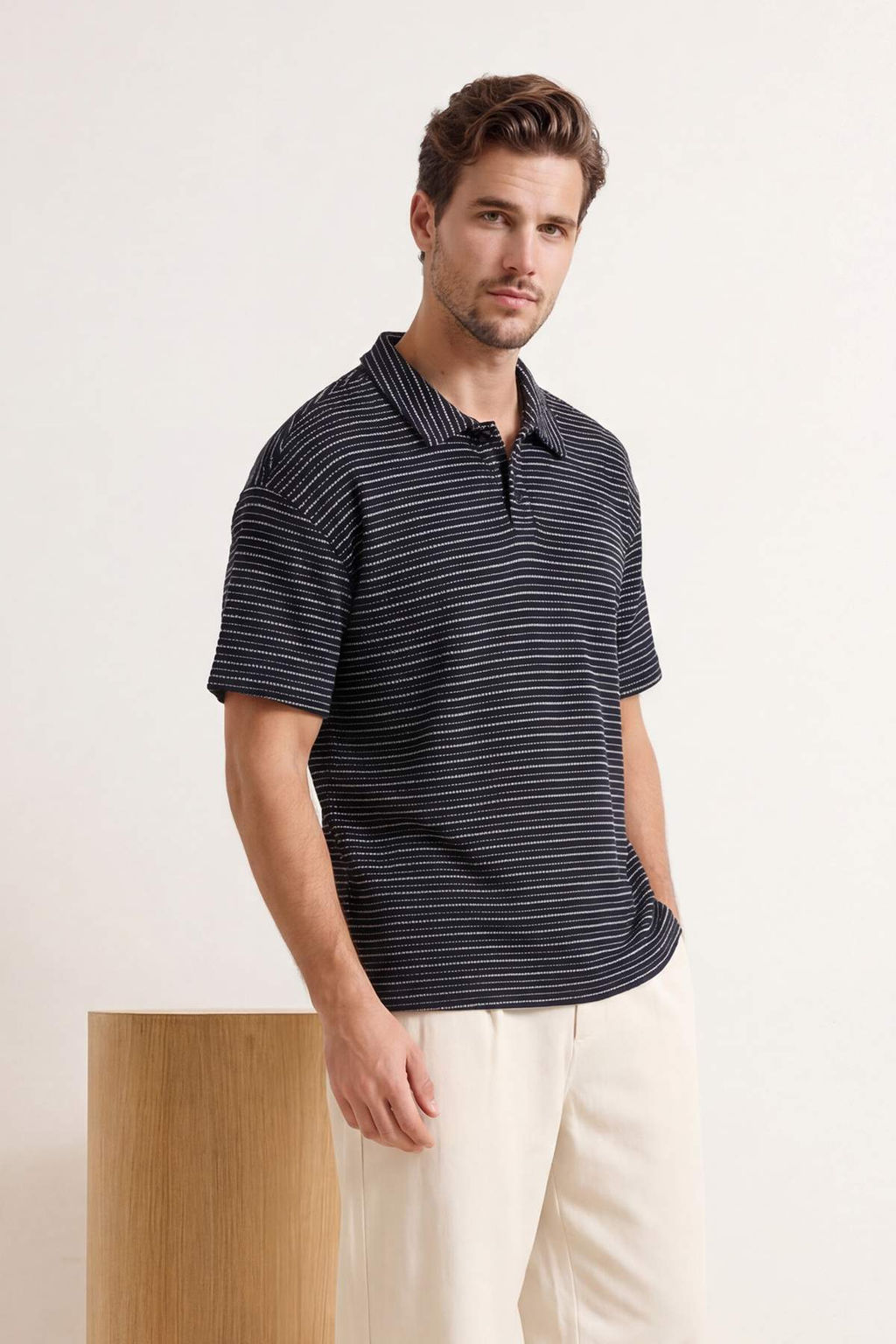 Lacivert Oversize/Genis Kesim Cizgili Polo Yaka T-shirt TMNSS26PO00008 - Trendyolmilla фото 5