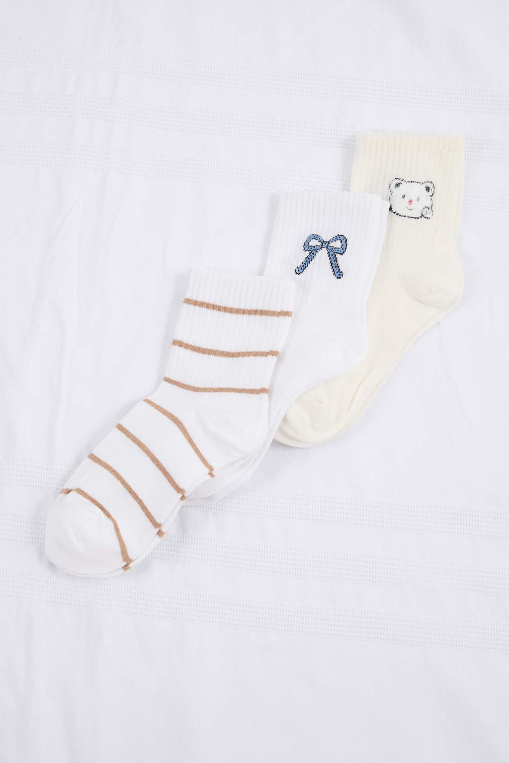 Ekru-Cok Renkli 3lu Cizgili Jakar Orme Corap THMSS26CO00017