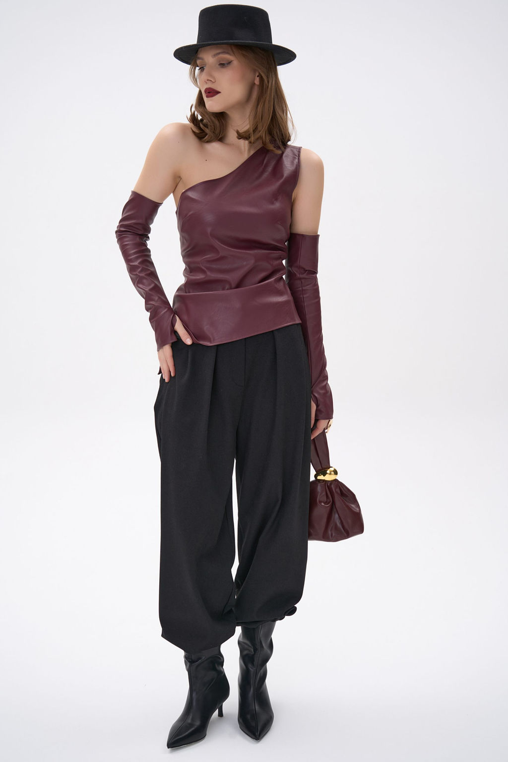 Кожаный топ с рукавами Рикси (бордовый)