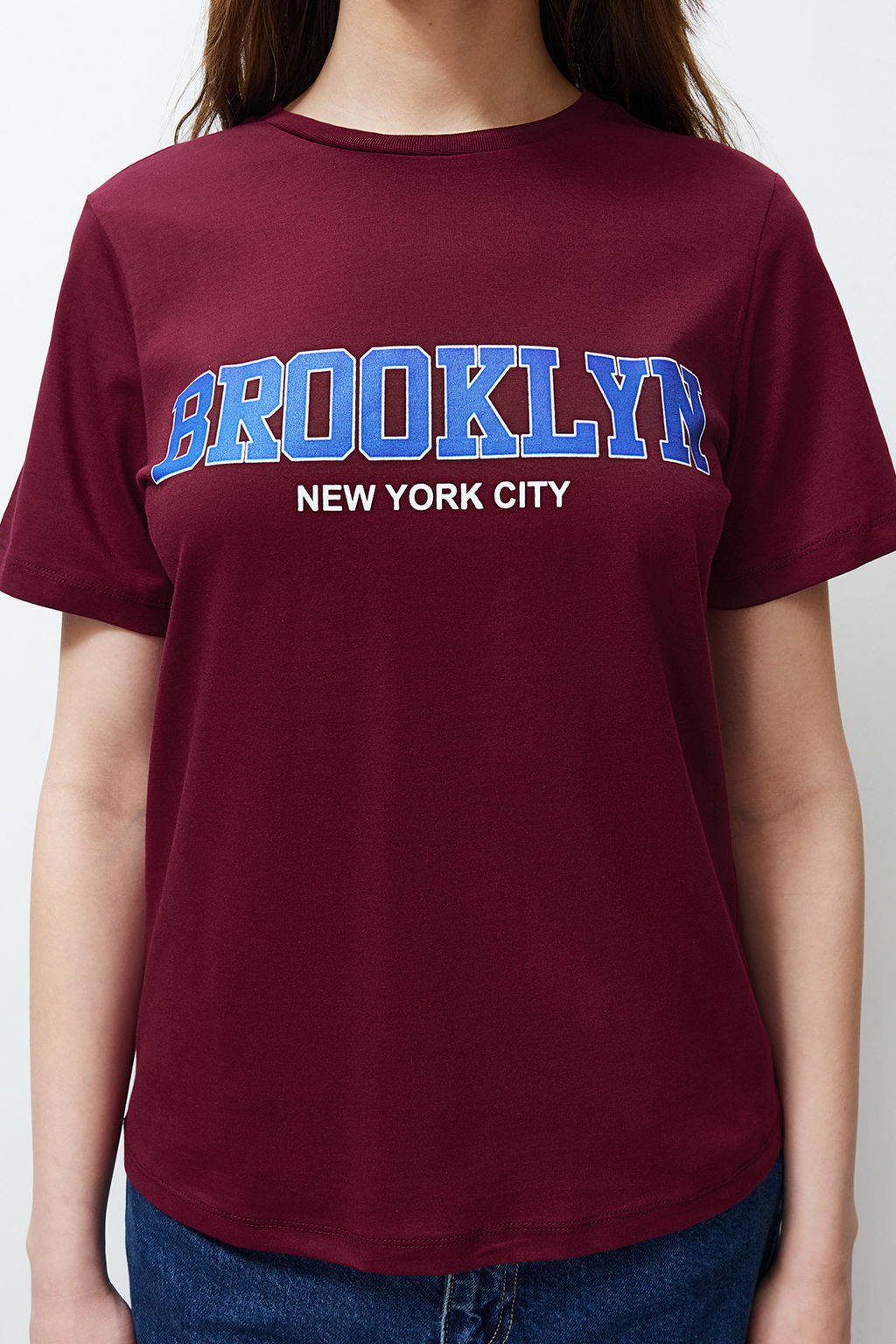 TRENDYOLMILLA Bordo %100 Pamuk Slogan Bask?l? Regular/Normal Kesim Orme T-Shirt TWOSS24TS00138  фото 4