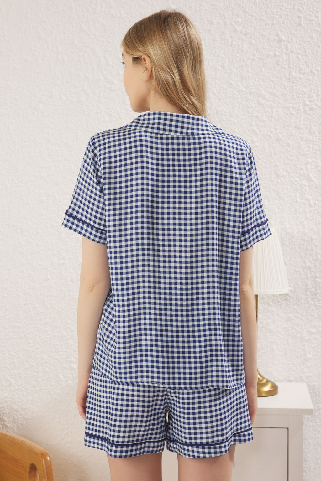 Trendyolmilla Lacivert Ekoseli Kurdele/Fiyonklu ve Biyeli Viskon Sortlu Dokuma Pijama Tak?m? THMSS25PT00279 фото 5