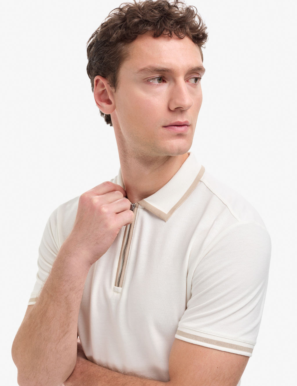 Ekru Slim Fit %100 Pamuk Fermuarl_ Polo Yaka Ti__rt