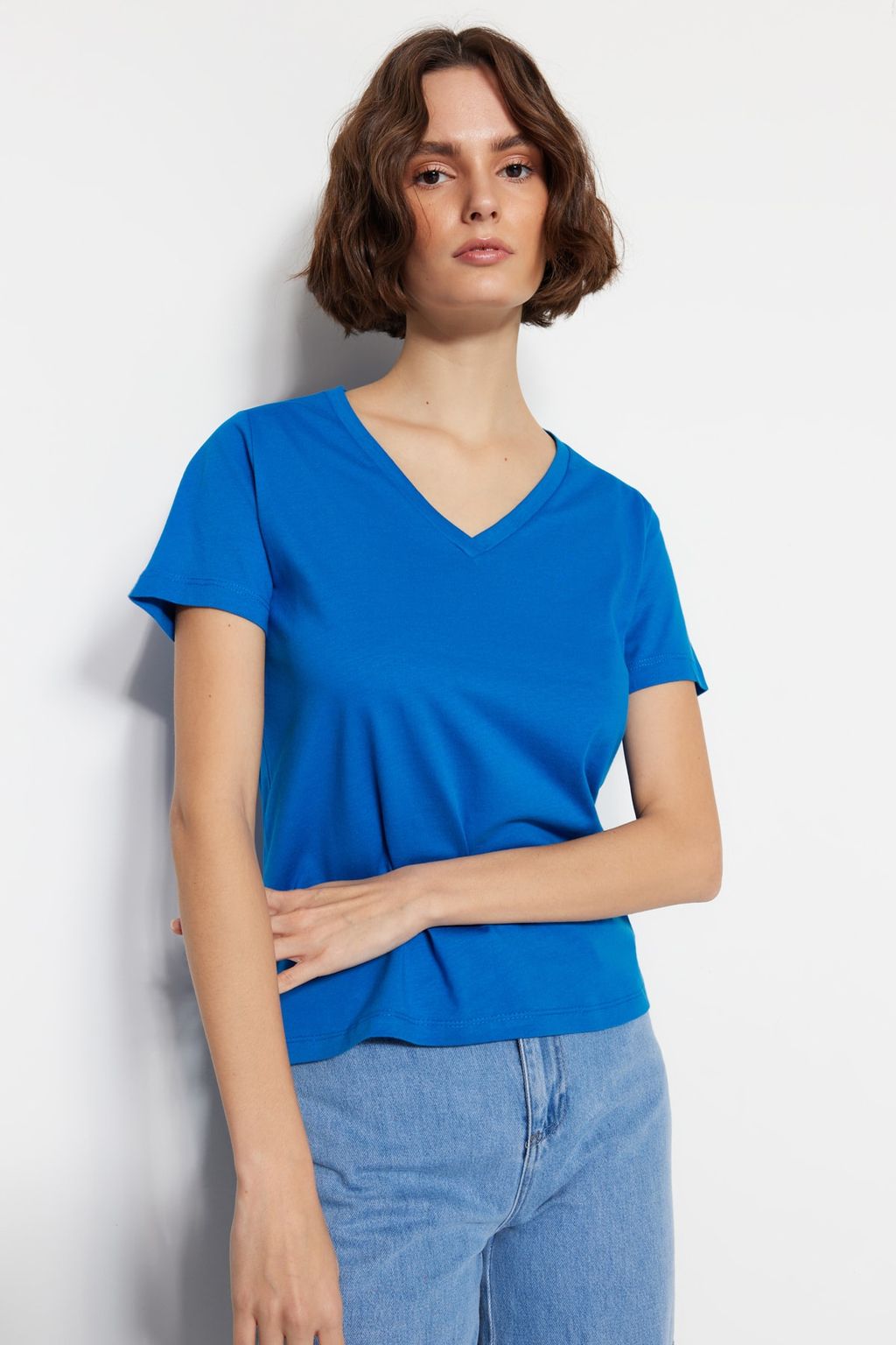 Turuncu-Saks %100 Pamuk 2li Paket Basic V Yaka Orme T-Shirt TWOSS23TS00002