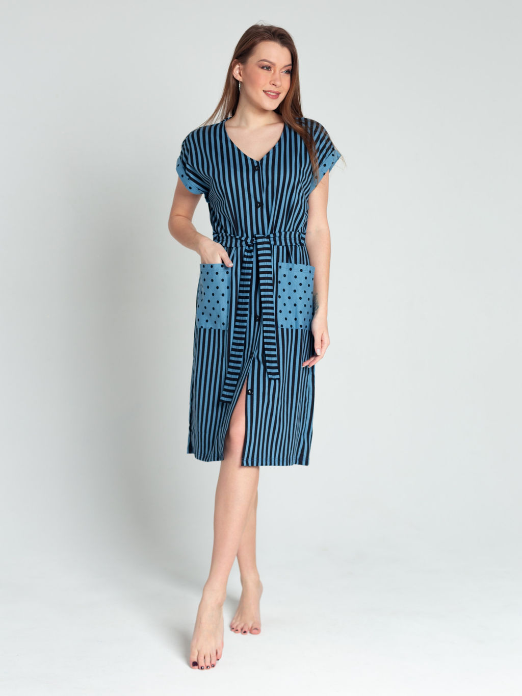 Халат женский кулирка на пуговицах "БЬЯНКА" ПОЛОСА ИНДИГО