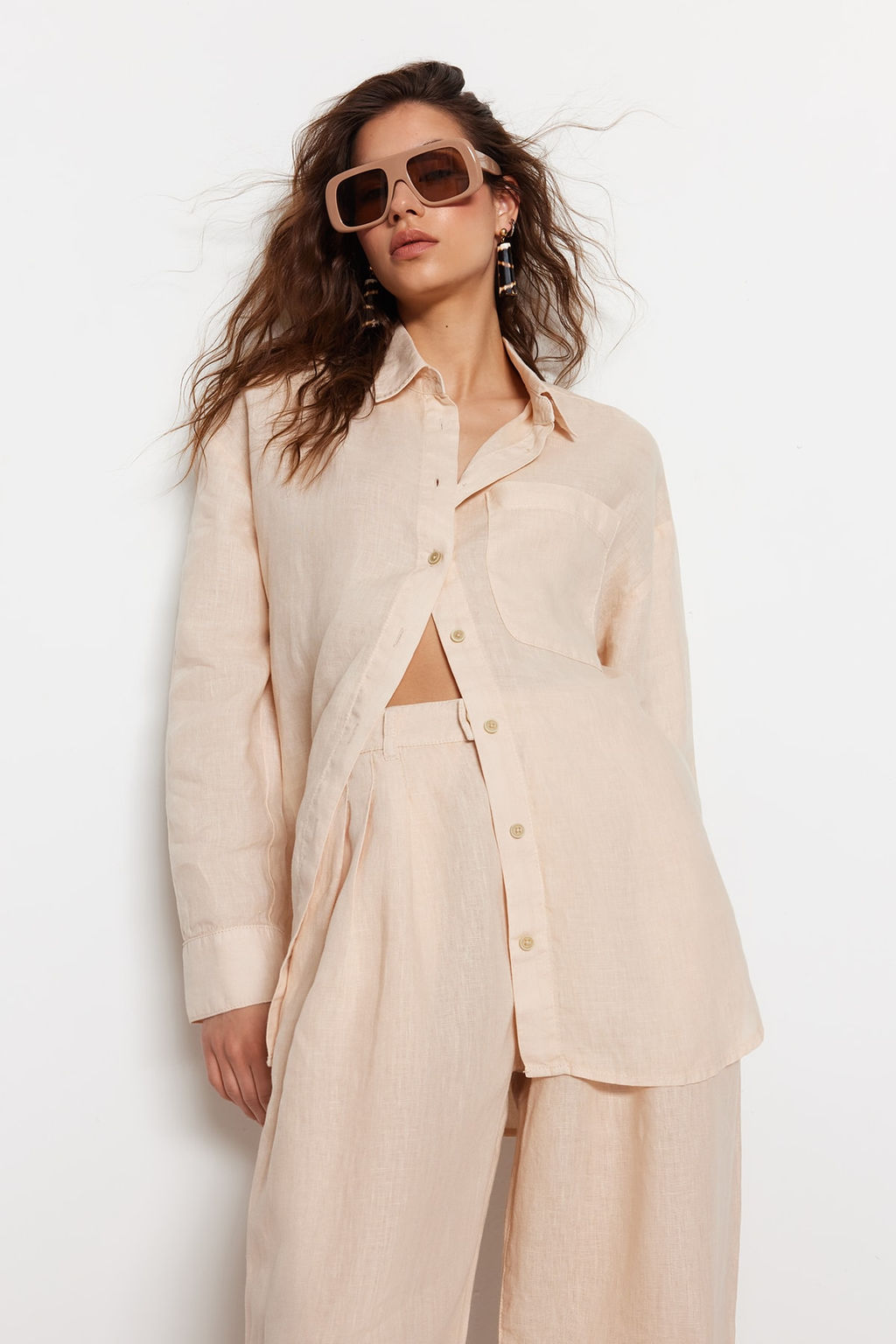 Bej %100 Keten Oversize Gomlek TWOSS23GO00443