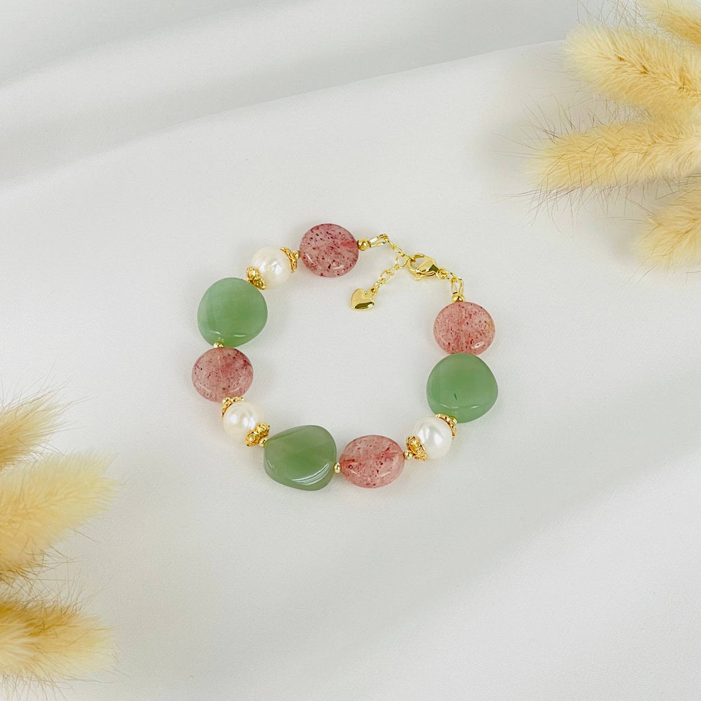 Браслет из Клубничного кварца, Жемчуга и Авантюрина 17 см +