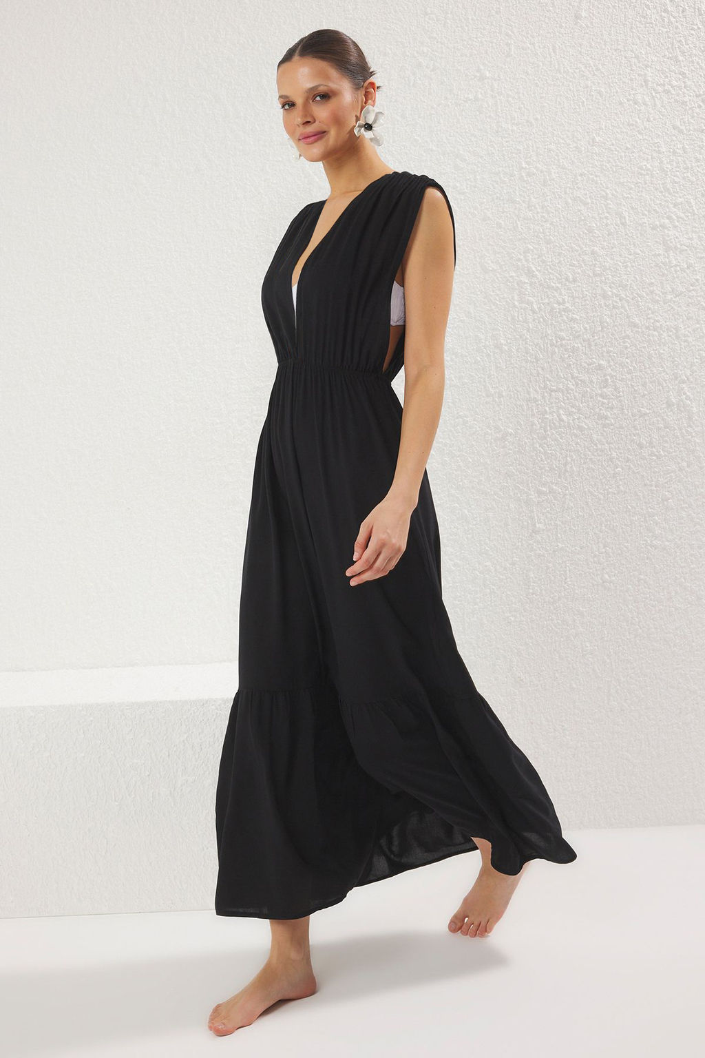 Cicek Desenli Dokuma S?rt Dekolteli %100 Pamuk Maxi Plaj Elbise TBESS25EL00100 - Trendyolmilla фото 9