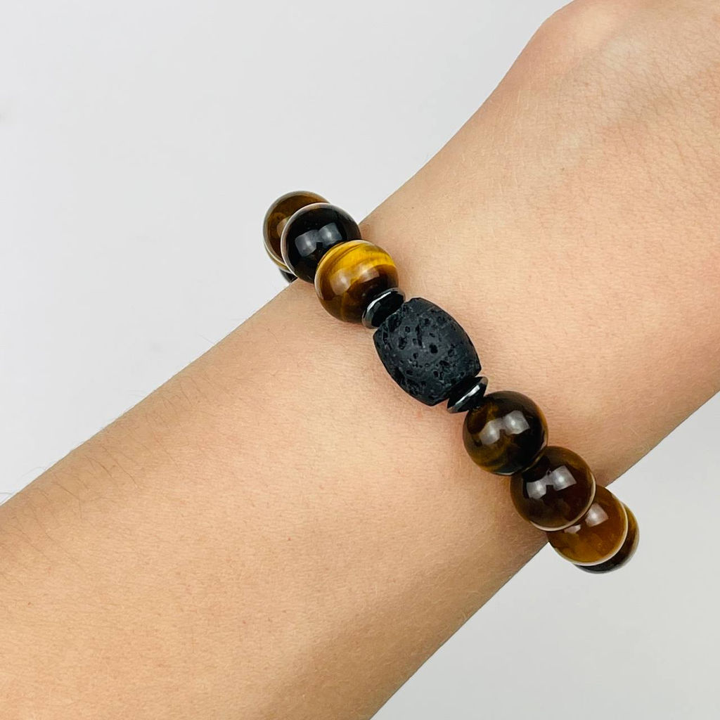 Браслет регулируемый из Тигрового глаза и Лавы от 19 см