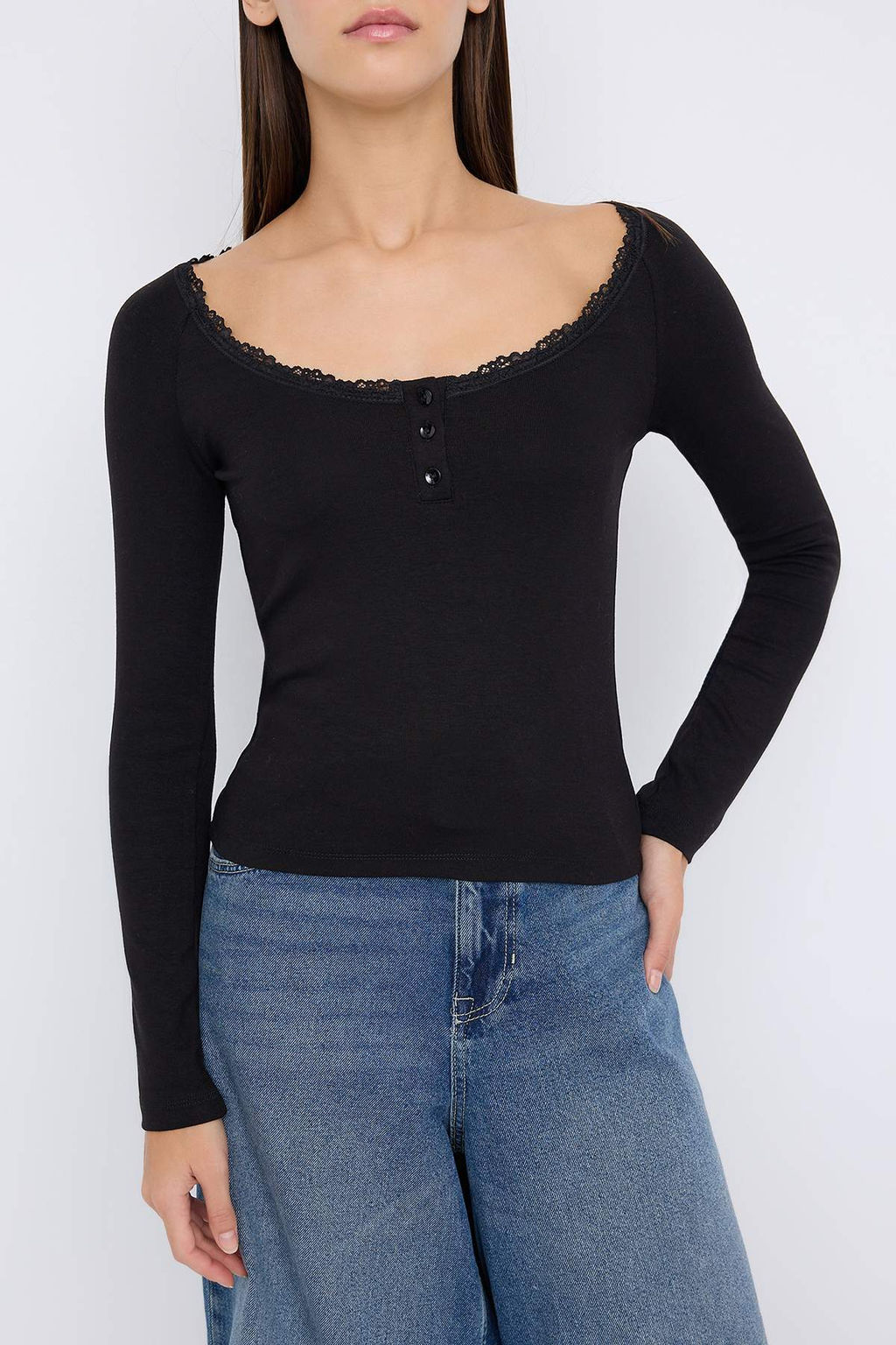 Teen Siyah Havuz Yaka Dugmeli Dantel Detayl? Vucuda Oturan Esnek Orme Bluz TWOAW26BZ00106 - Trendyolmilla фото 11