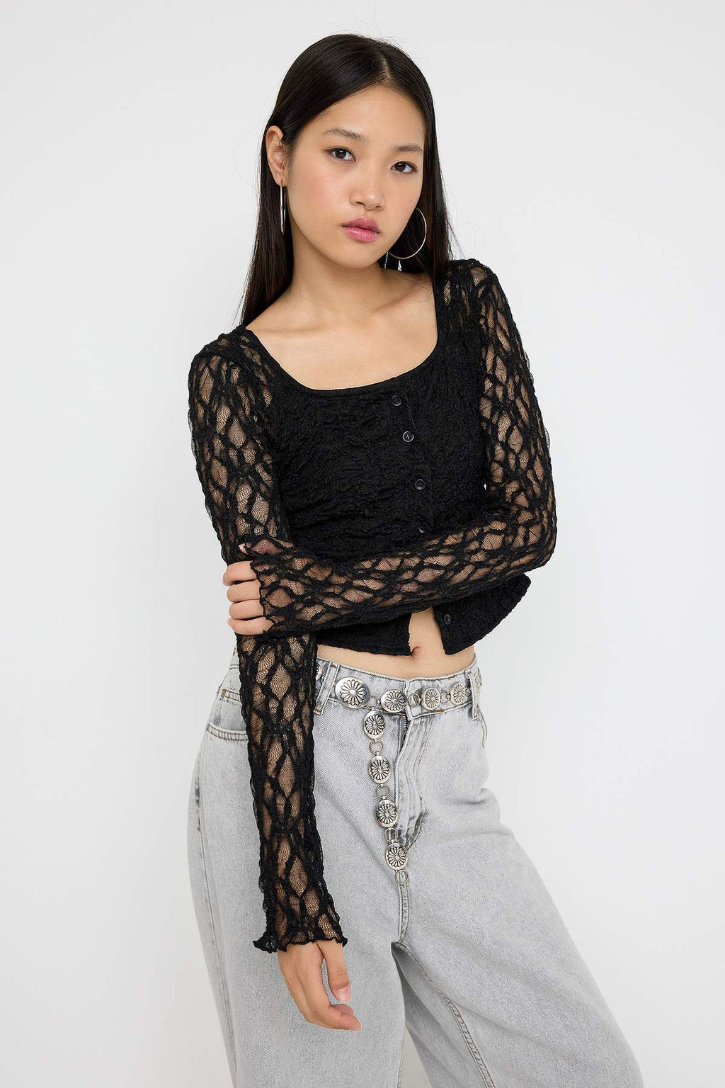 Teen Siyah Dugmeli Fitted/Vucuda Oturan Dantel Orme Bluz TWOAW26BZ00016