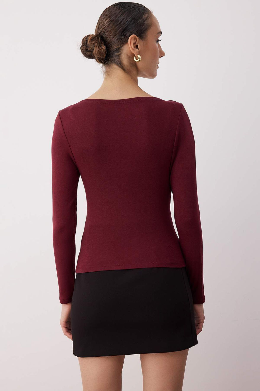Bordo Fitted/Vucuda Oturan Asimetrik yaka Detayl? Yumusak Kumasl? Esnek Orme Bluz TWOAW26BZ00088