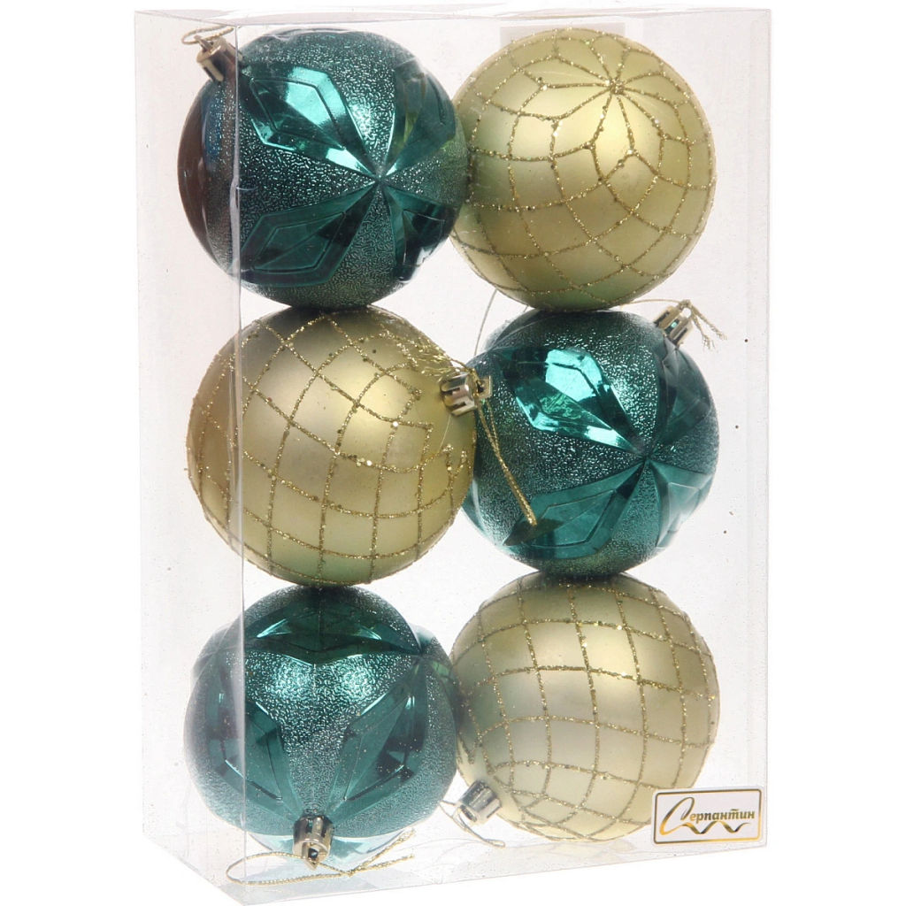 Новогодние шары "Снежный вальс" 8 см (набор 6 шт), Изумруд/Золото