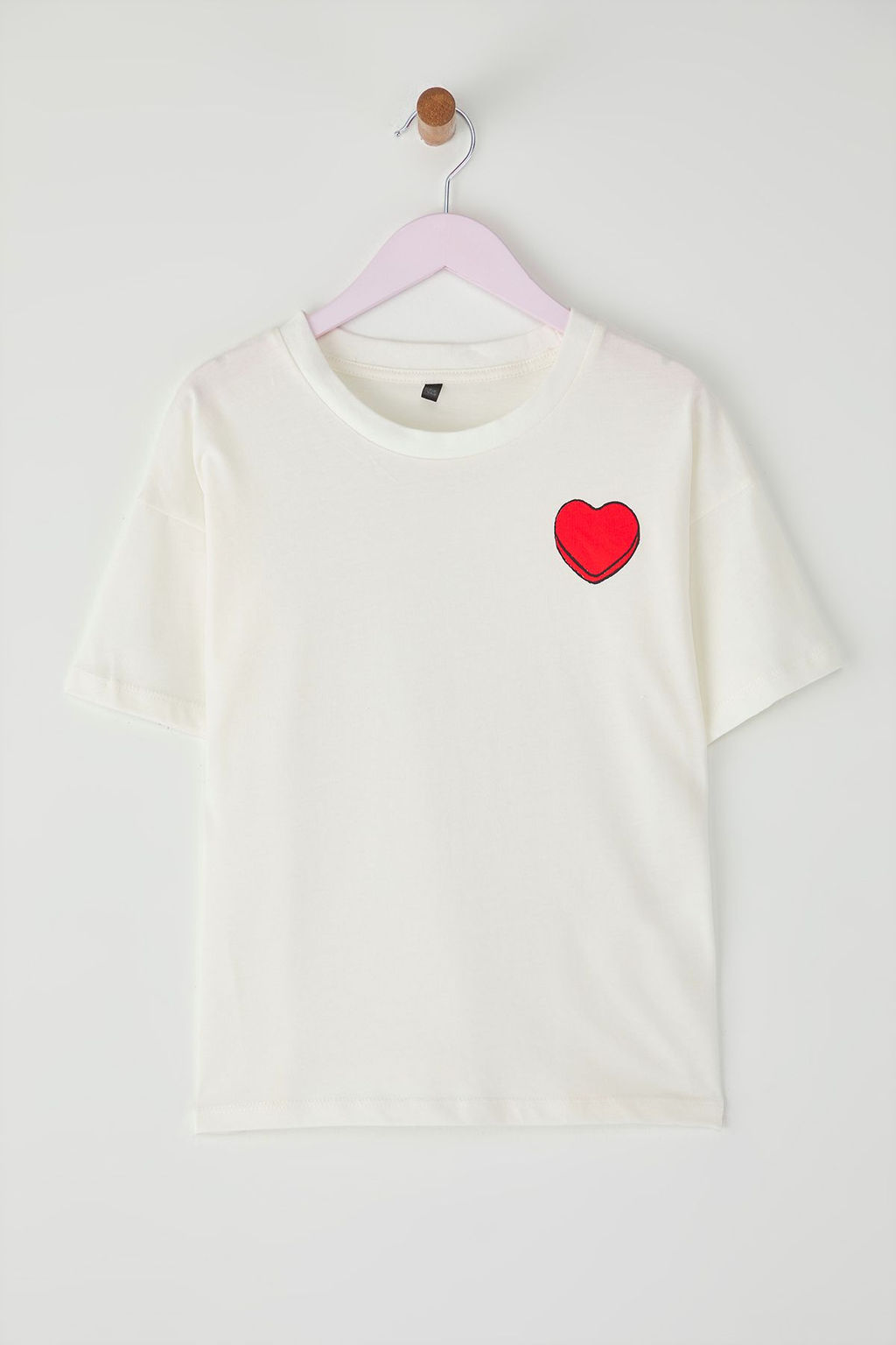 Ekru K?z Cocuk %100 Pamuk Kalp Bask?l? K?sa Kol Orme T-Shirt TKDSS25TS00096