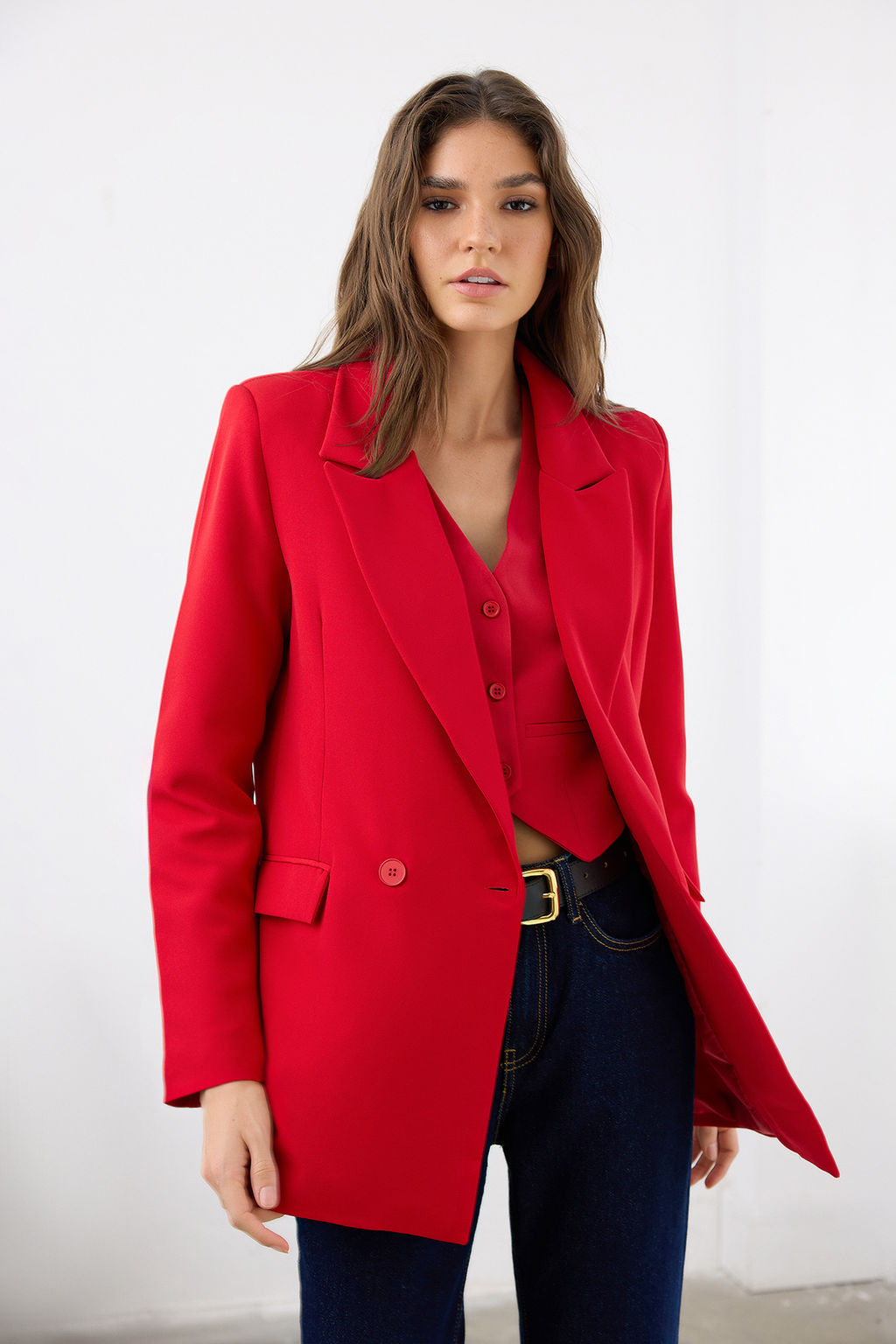K?rm?z? Regular Astarl? Kruvaze Kapama Dokuma Blazer Ceket TWOSS20CE0059