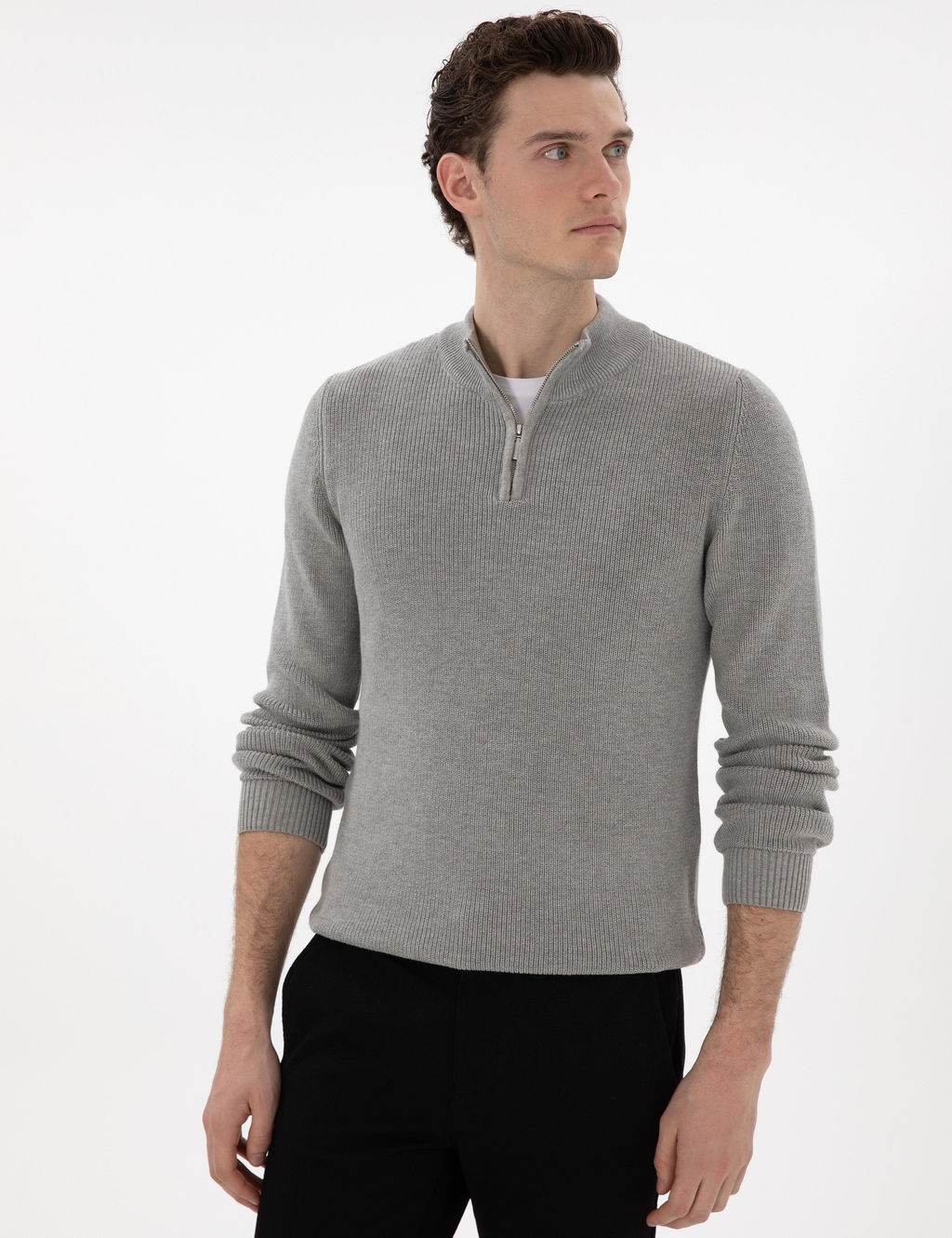 Gri Melanj Slim Fit Fermuarl_ Dik Yaka Kazak - Pierre cardin фото 3