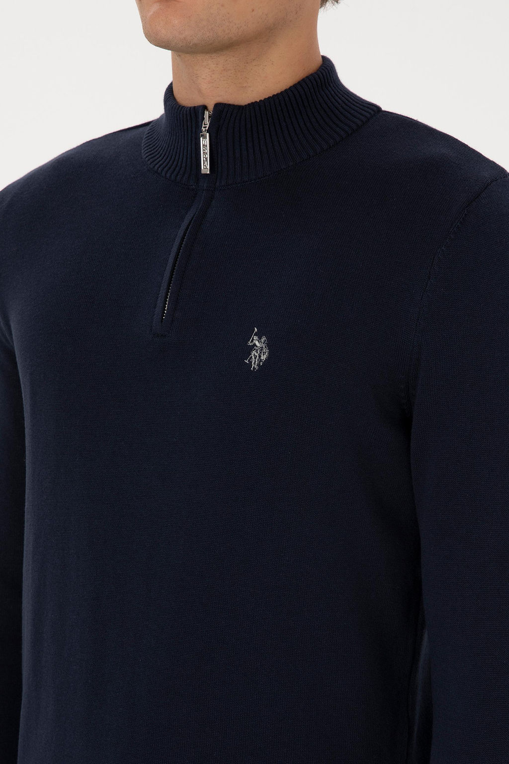 Erkek Slim Fit Yar_m Fermuarl_ Lacivert Basic Kazak