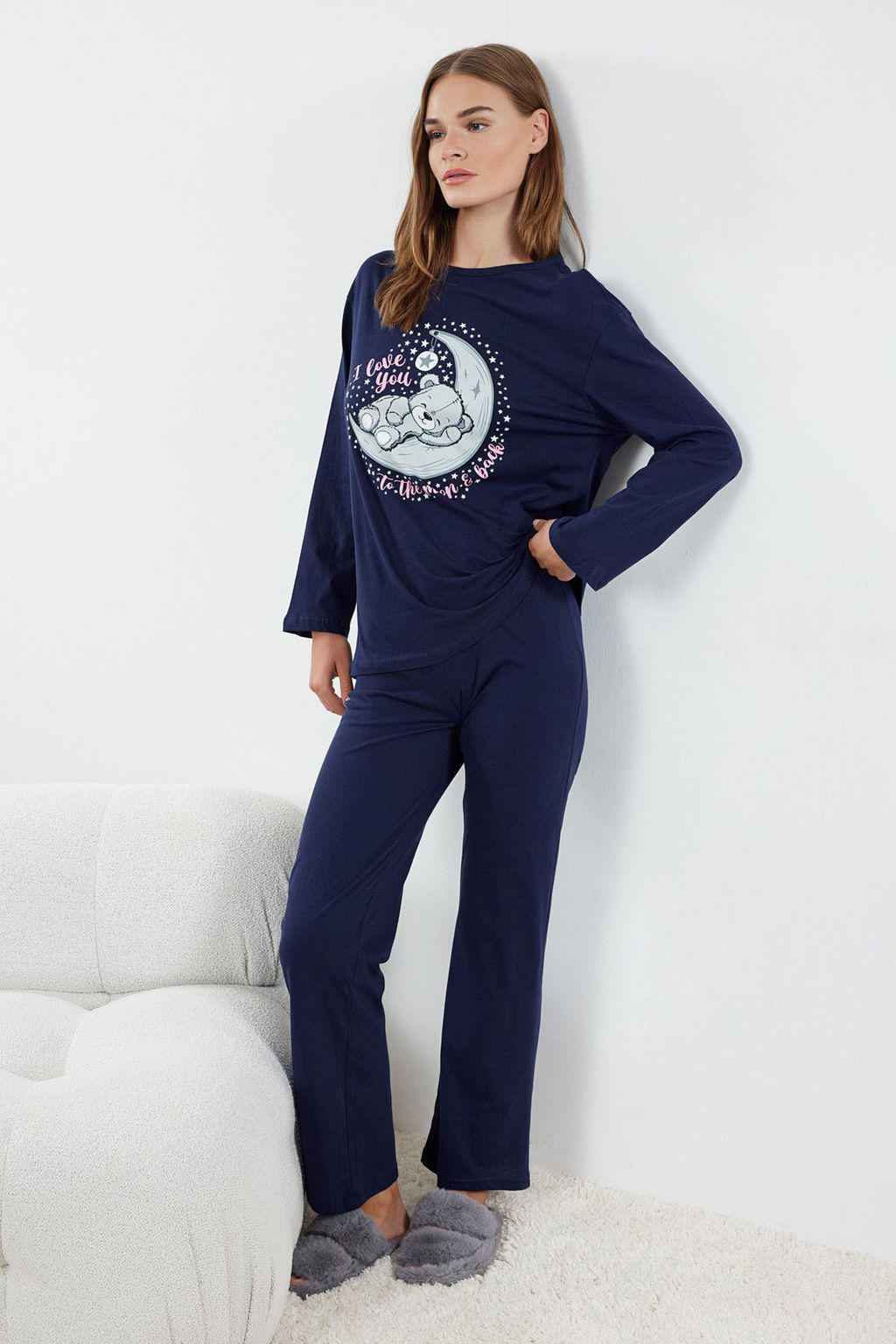 Trendyolmilla Lacivert %100 Pamuklu Ay?c?kl? ve Galaksi Bask?l? Orme Pijama Tak?m? THMAW25PT00001  фото 2