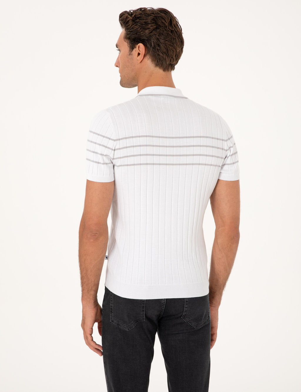 Beyaz Slim Fit %100 Pamuk Fermuarl_ Polo Yaka Triko T-shirt