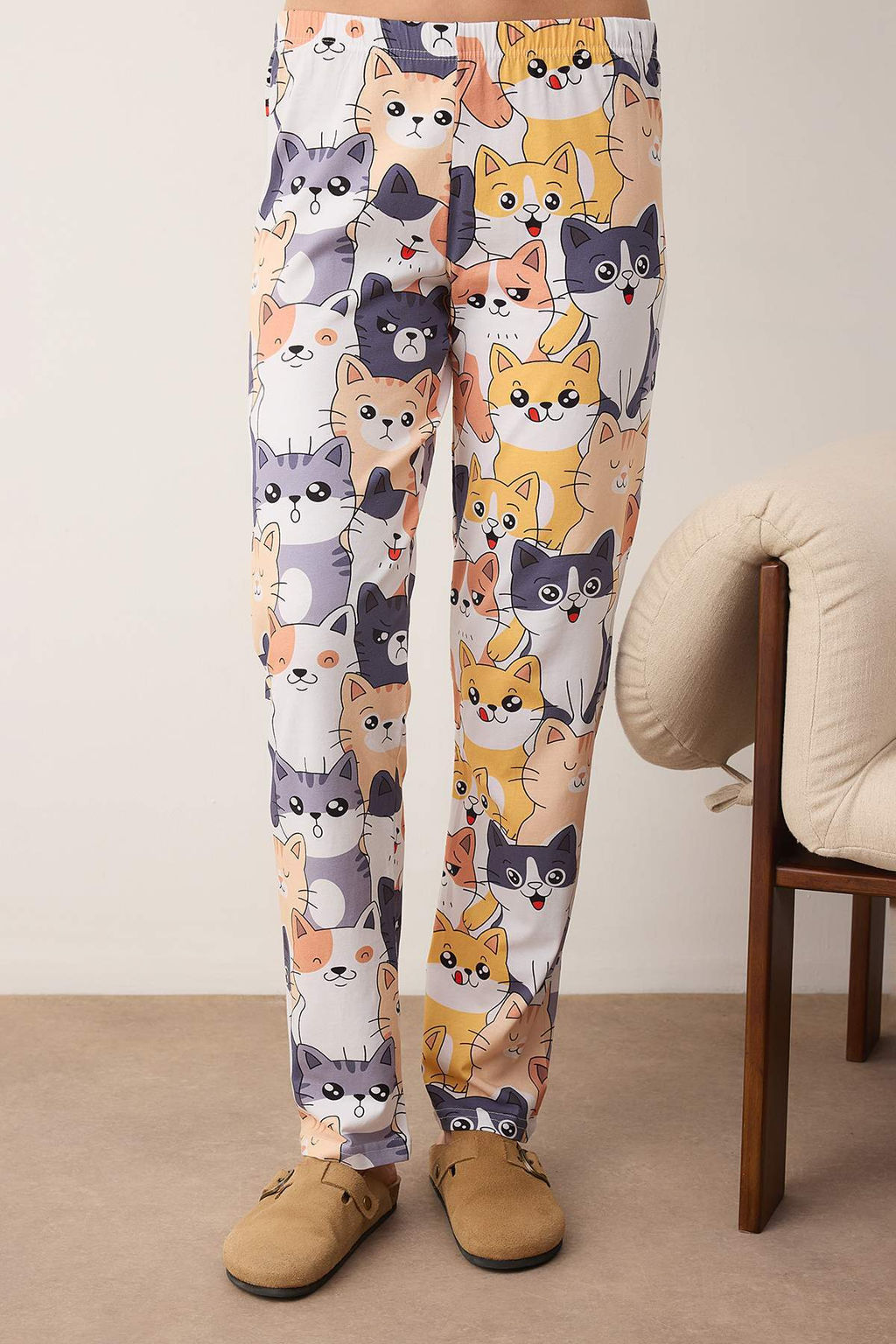 Antrasit Kedi Desenli Pamuklu Likral? Yumusak Tuse Orme Pijama Tak?m? THMAW26PT00167 - Trendyolmilla фото 6