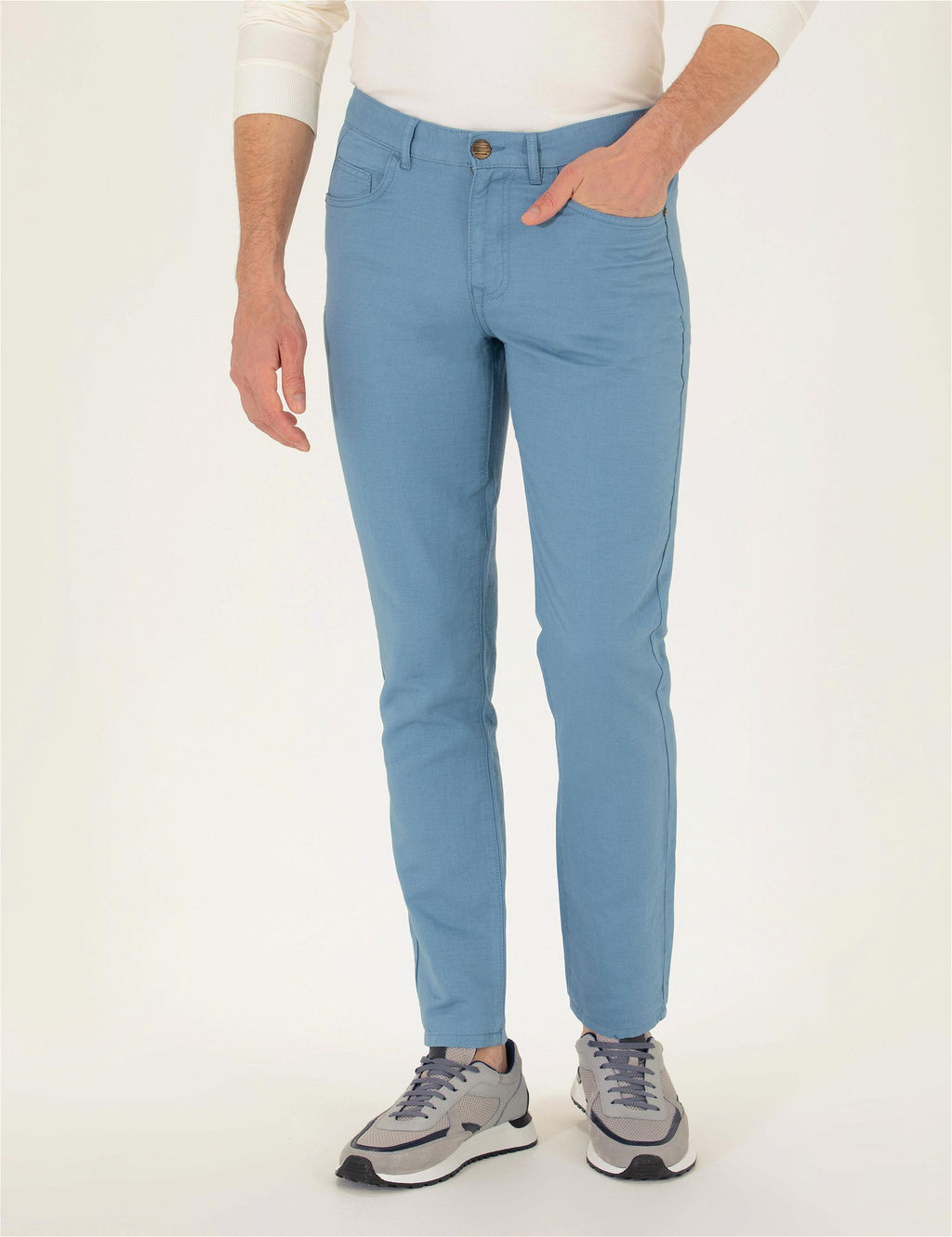 Koyu Mavi Slim Fit Keten Kar___ml_ Kanvas Pantolon