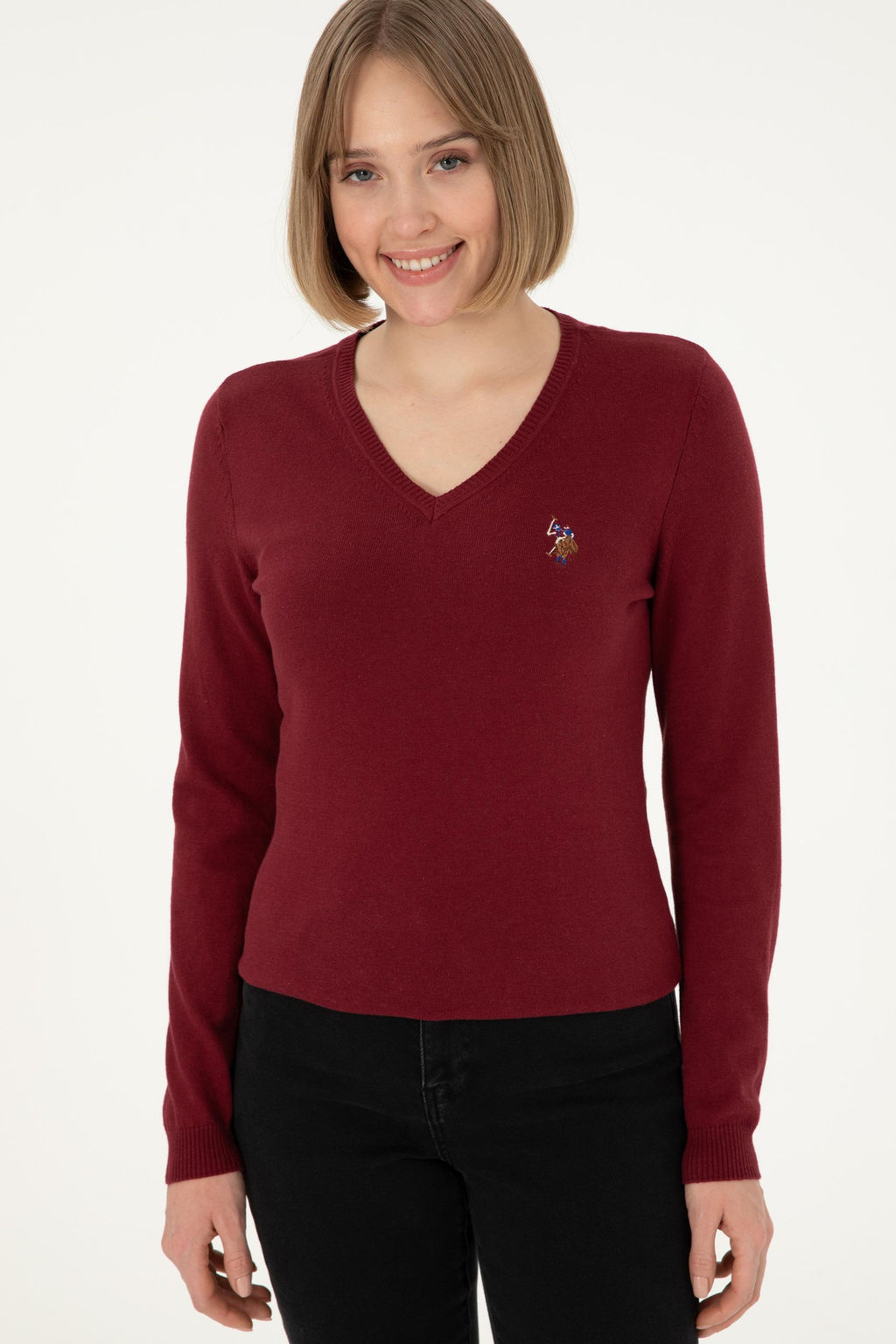 Женский бордовый базовый свитер с v-образным вырезом Неожиданная скидка в корзине - U.s. polo assn фото 3