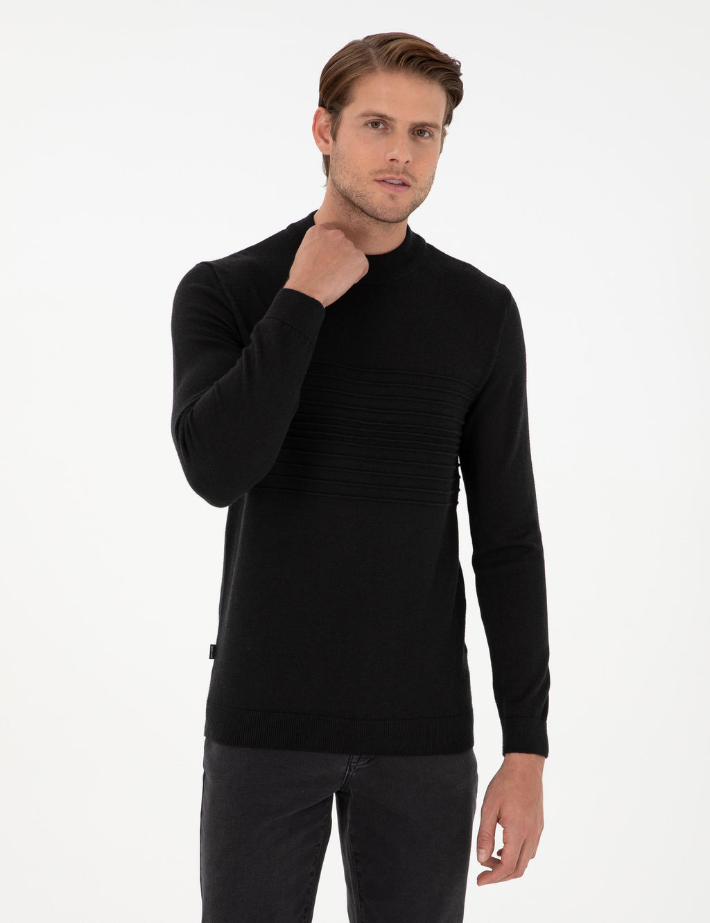 Siyah Slim Fit Bato Yaka Y_n Kar___ml_ Triko Kazak